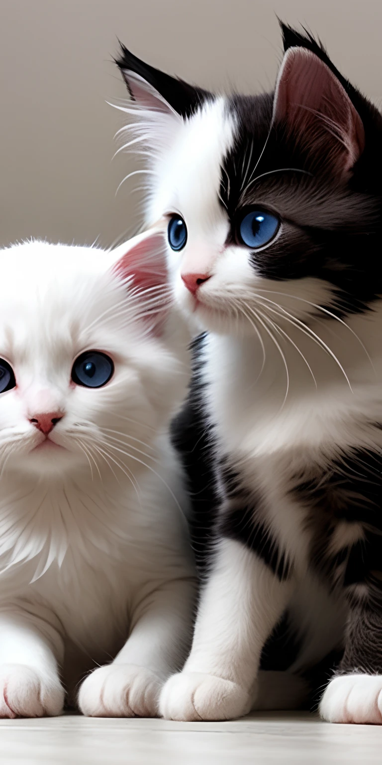 Three kittens together,They are white, respectively,greys,Flower hair,White cat is the smallest,The cat with the flower fur is the largest