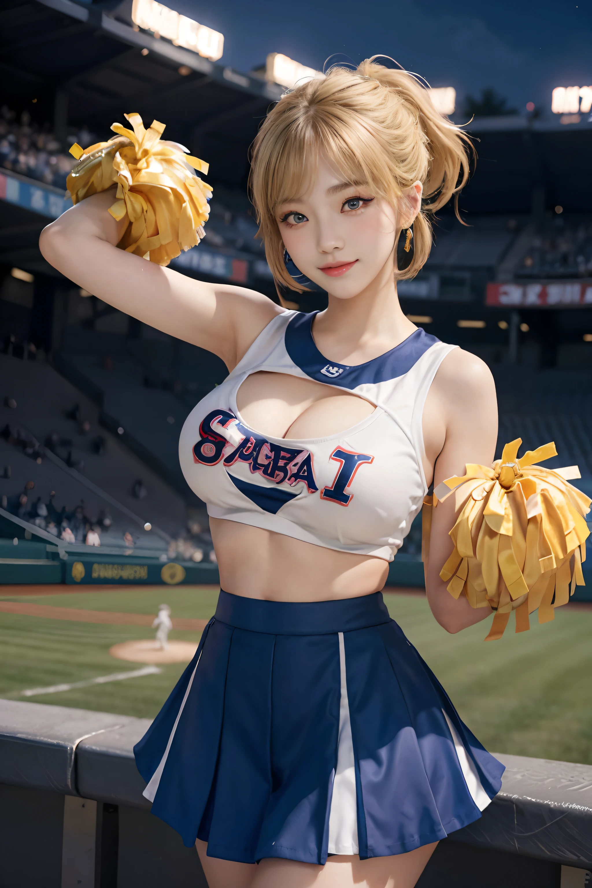 17 year old cool Korean, big round breasts, cleavage, cheerleader, baseball team cheerleader, skirt, beautiful eyes in detail, eyelashes, beautiful double eyelids, eyeshadow, slit eyes, perfect eye makeup, seductive smile, beautiful thin legs, bright blonde, bob cut, ponytail, various hairstyles, earrings, stand at the baseball stadium at night, night