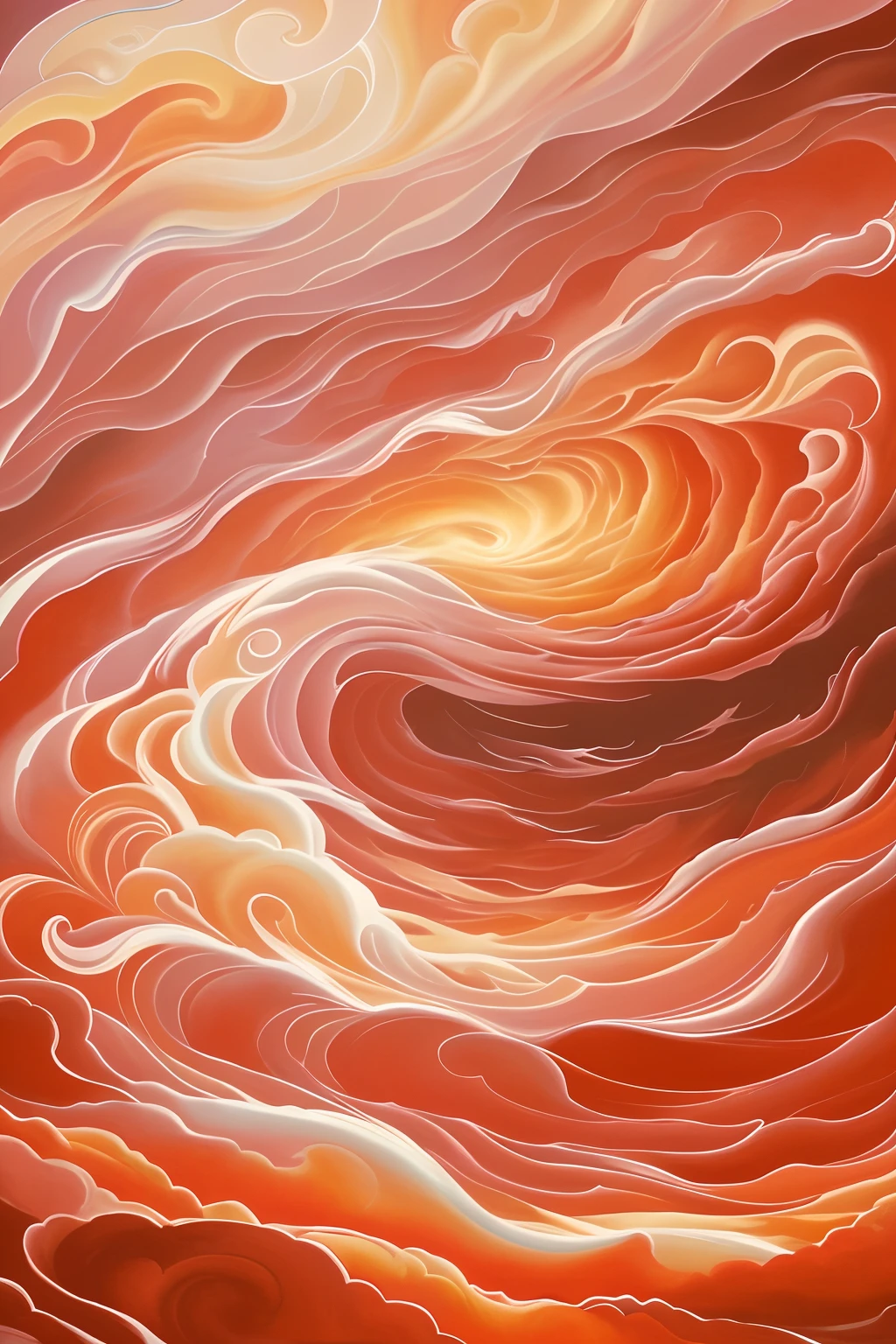 There is a painting of a red sky with clouds, orange clouds, ceremonial clouds, fancy clouds, Red clouds, harmony of swirly clouds, whorl. Clouds, swirly clouds, psychedlic clouds, swirly clouds, crimson clouds, spiral clouds, Anime Cloud, Burning clouds, clouds swirling, nintendo clouds, Swirling clouds
