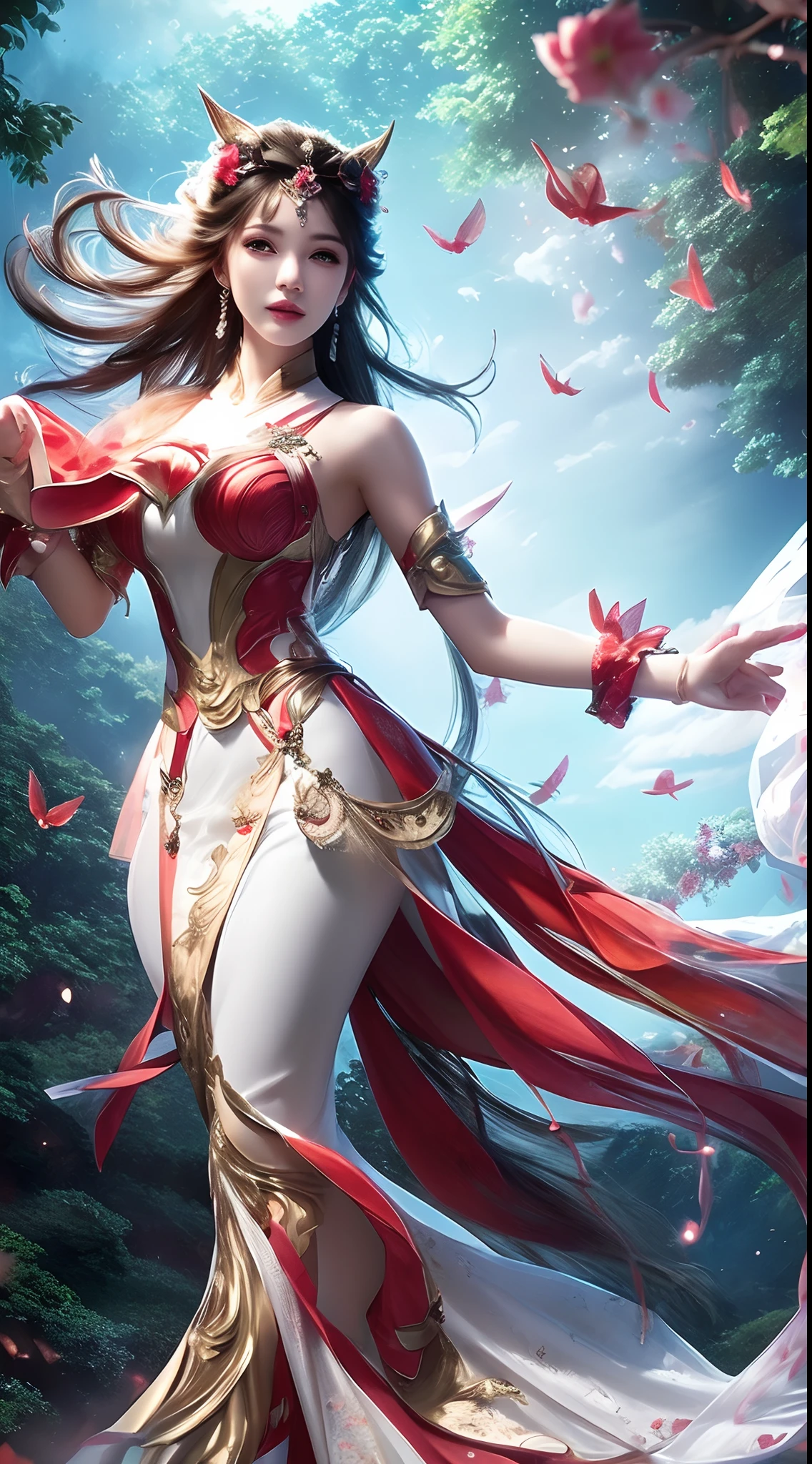 8k ultra hd, mastermiece, a girl, good face, detailed, eyes, beautiful lips, very hong hair, spreading hair, medium breasts, wedding dress, white dress, in the park, flying birds, blowing winds, clear weather, whole body capture,