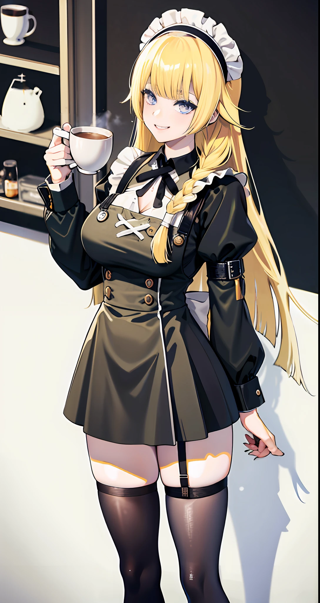 the maid outfit,black over-the-knee socks,yellow long hair,Blue eyes standing and smiling,Cafe,Coffee in hand,Lori huge breasts cleavage