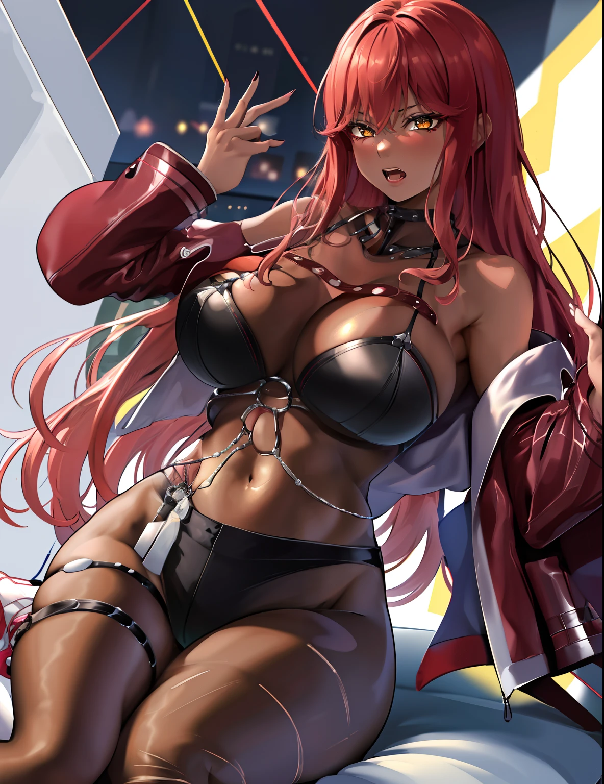 A full color photo of a young woman at a party in front of multiple people, lights off, low light, enormous breasts, 1girl, red hair, long hair, sunglasses on head, big breasts, red jacket, ripped bodystocking, black chocker, black bra, chest chains, yellow eyes, black strings, white socks, red shoes,