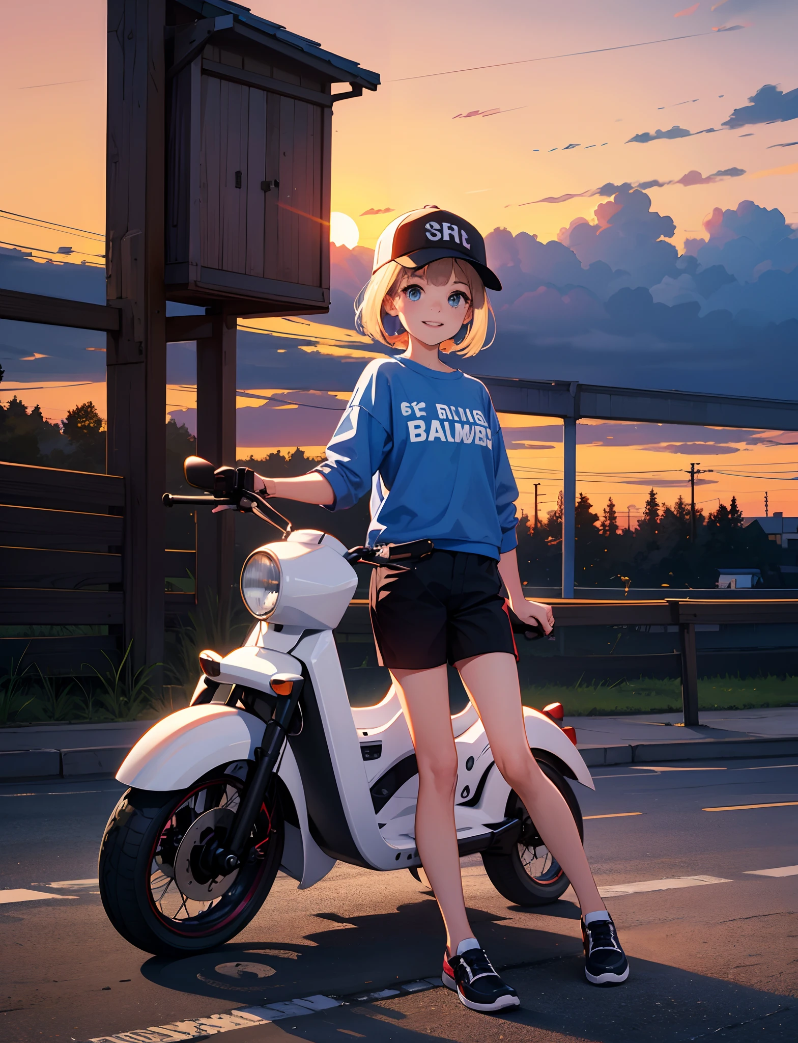 A happy little girl,Dressed in casual attire,Ride a small electric car,With a baseball cap,The background is the village,Sunset and sunset,Face the camera,Full body photo,Ultra-high definition