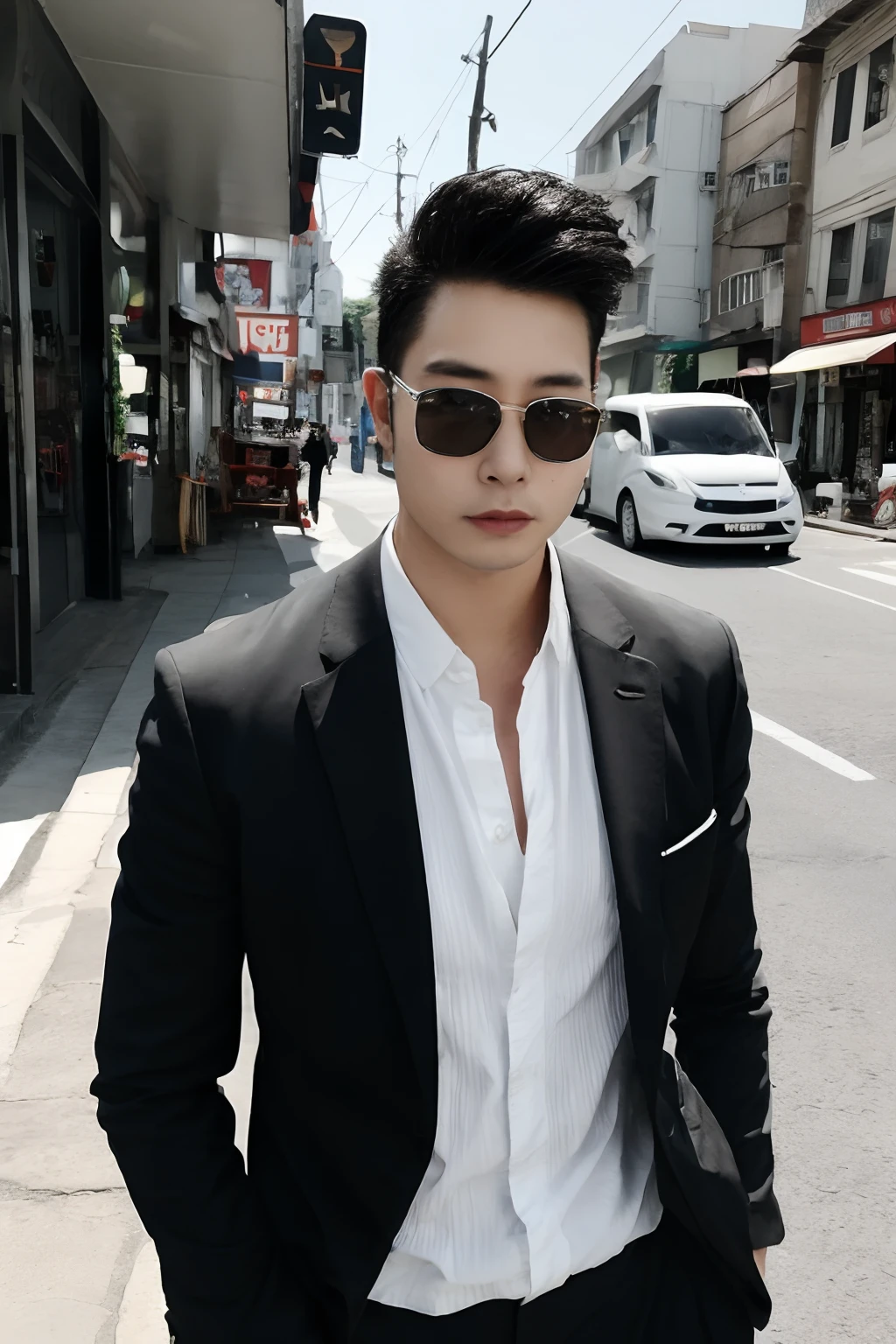 Asian male model on the street，Wedding car，cruel，Red sedan，Slr，Business suit