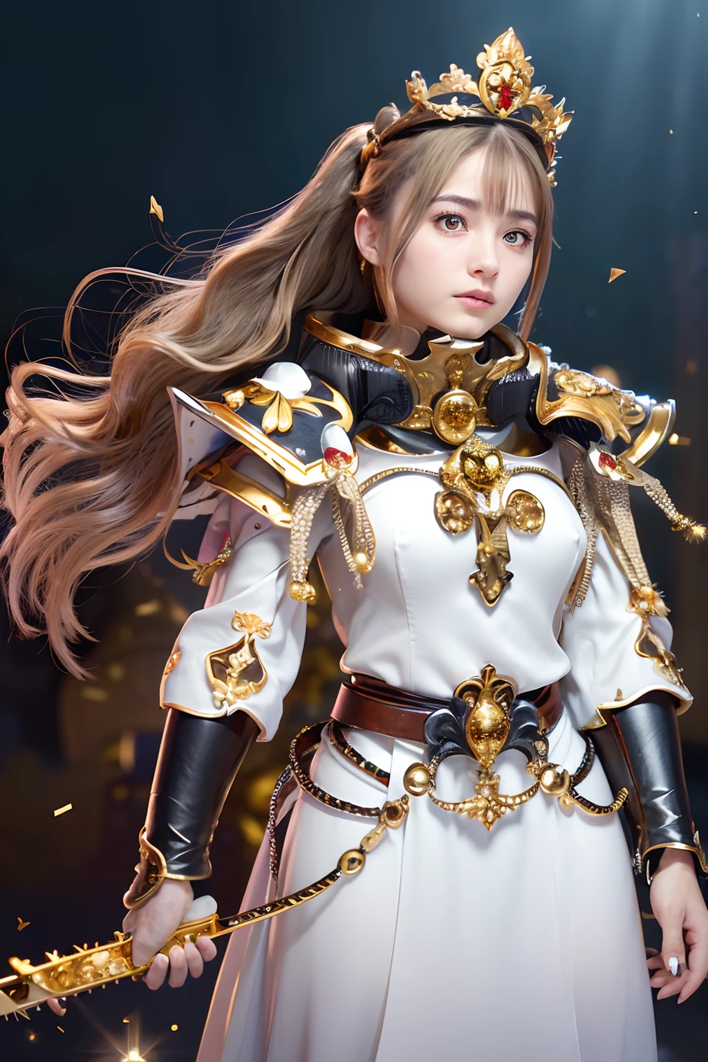 (masutepiece), Professional , masterpiece、top-quality、photos realistic , depth of fields (Gemstone Silver Metal Body:1.9),(Matte White、Particles of light、 Gold Weapon(Jewel Metal Body:1.4),Gorgeous metal weapons , Detailed Sword of the Brave , Beautiful knife ,warhammer 40k , adepta sororitas,Detail and ornate jewel crown、Particles of light、Brown hair、Gangle's forest background、Beautiful Caucasian beauty、1a person、dynamic ungle,(((Detailed and ornate diamond crown)))、Particles of light、Mystical expression、
