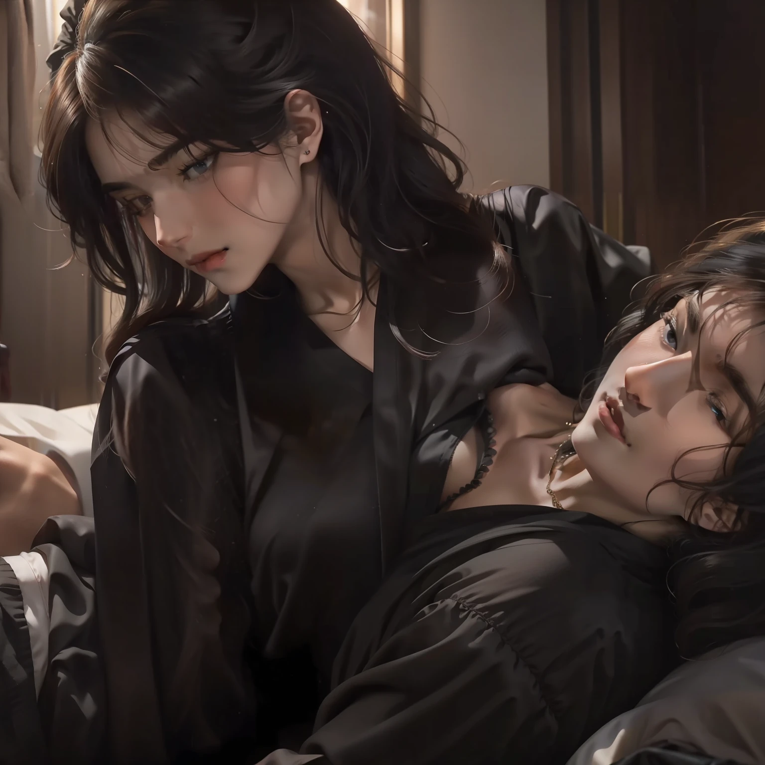 1womanl,1 man,(4k,tmasterpiece)woman sitting on the man's body,The woman wears black silk,Chest bulge,hair messy,Detailed eyes,Look at the man,Put your hands on the man's chest;The man's left hand rests on the woman's chest,The right hand caresses the woman's face,Man and woman lying in bed