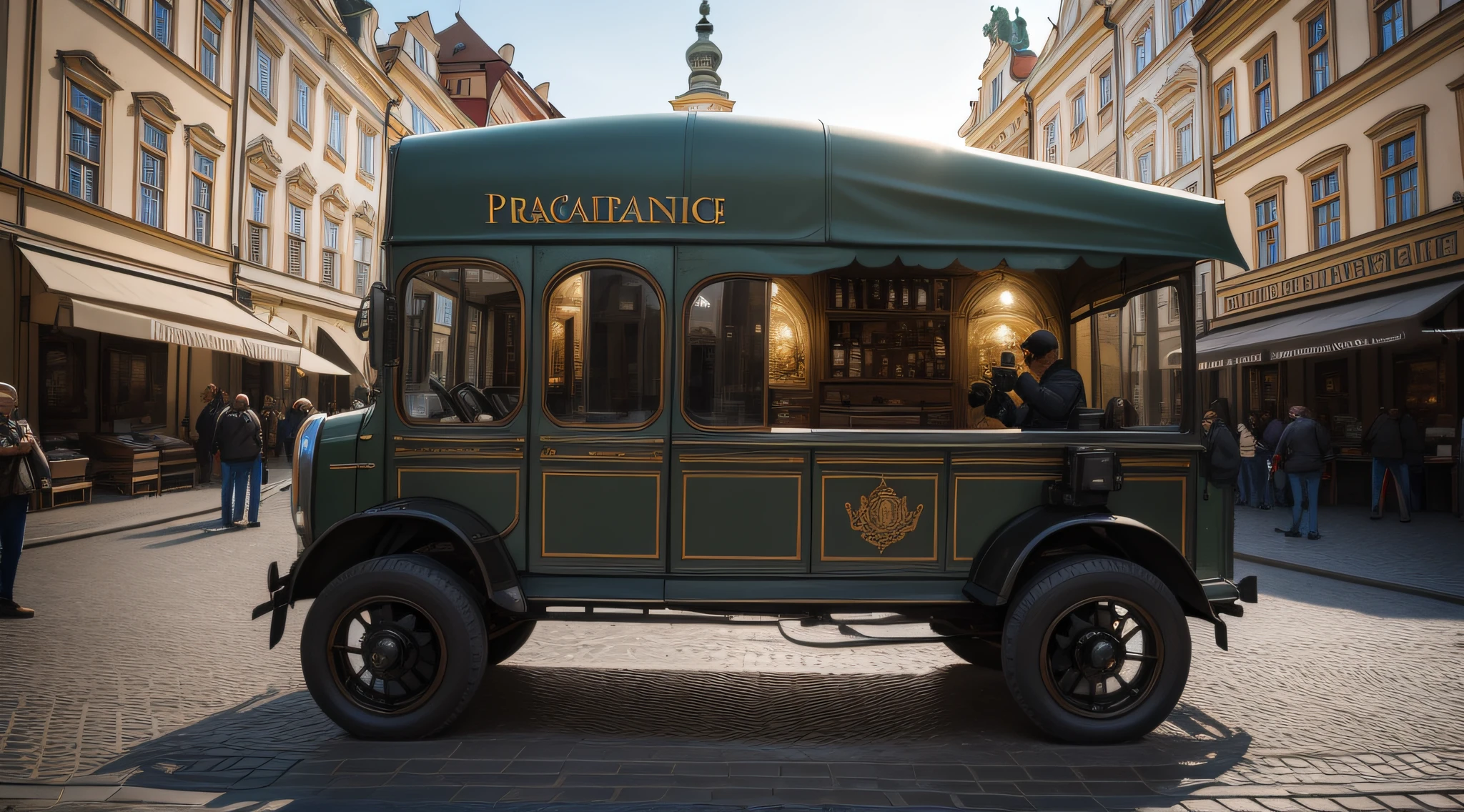 full figure of an photographer taking a distance reportage picture of an nice polished old European truck in an Prague square, highly detailed photography style, intricated details, cinematic lighting, contrast lighting, dslr, insanely intricate details, amazing fine detail, hyper detailed, sharp focus, ultra high res