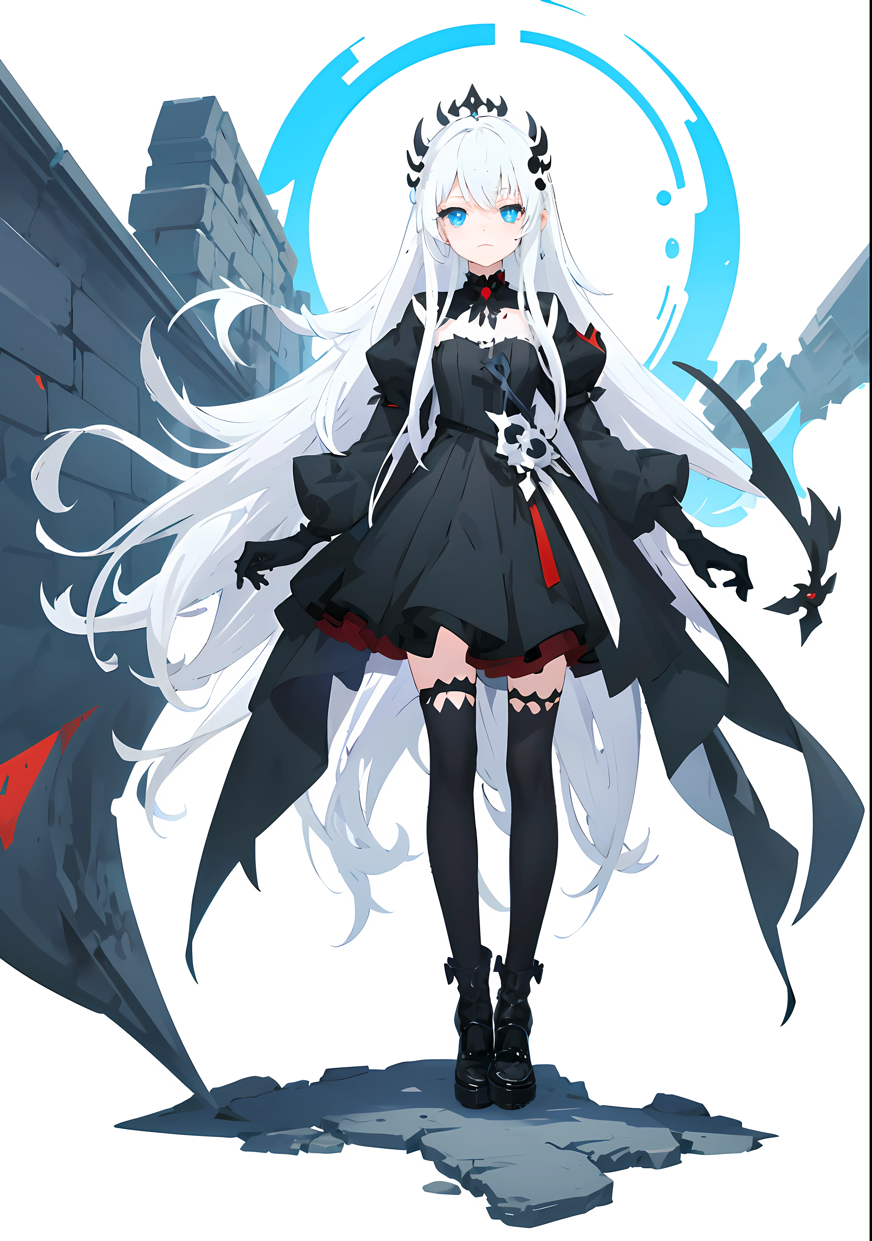 anime girl with long white hair and a black dress,VTuber full-body model,gothic maiden，full body illustration,Heteropupil，The eyes are blue on the left and red on the right，Wear black gloves on the right hand，