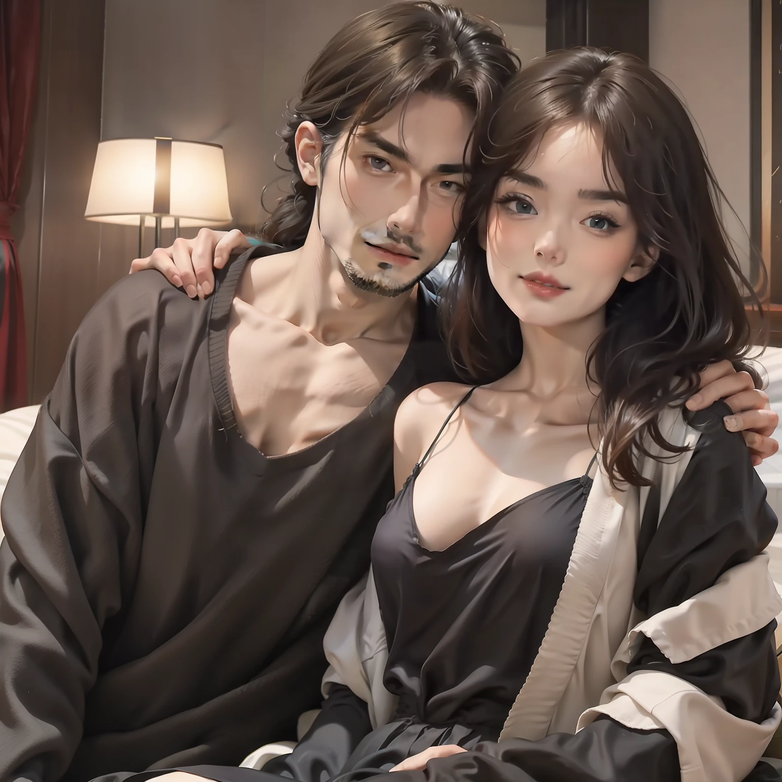 1womanl，1 man，（4k，tmasterpiece）woman sitting on the man's body，The woman wears black silk，Chest bulge，hair messy，Detailed eyes，Look at the man，Put your hands on the man's chest；The man's left hand rests on the woman's chest，The right hand caresses the woman's face，Man and woman lying in bed