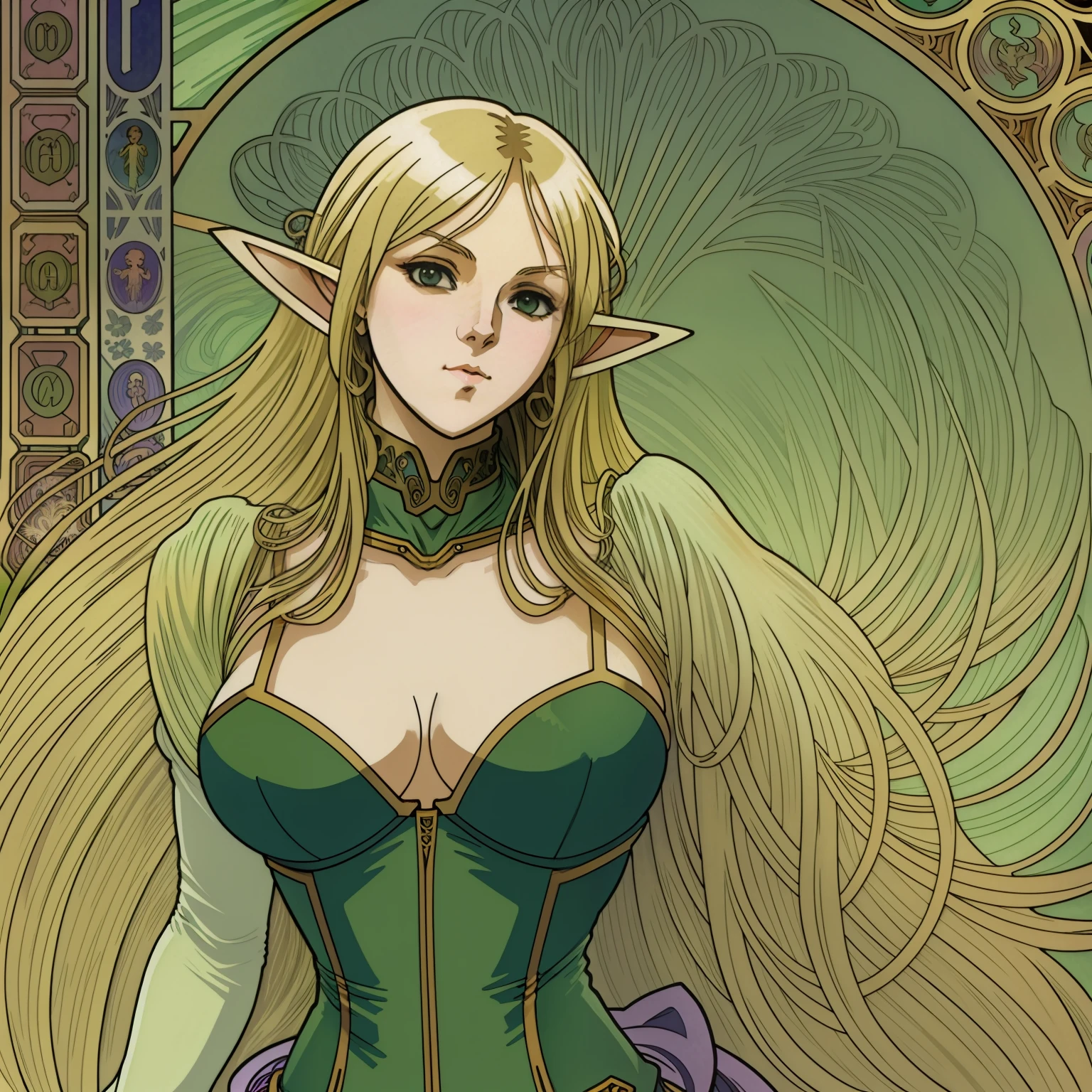 A beautiful blond female anime hero elf in leather clothes, big breasts, showing cleavage, (style of Alphonse Mucha:1.4)
