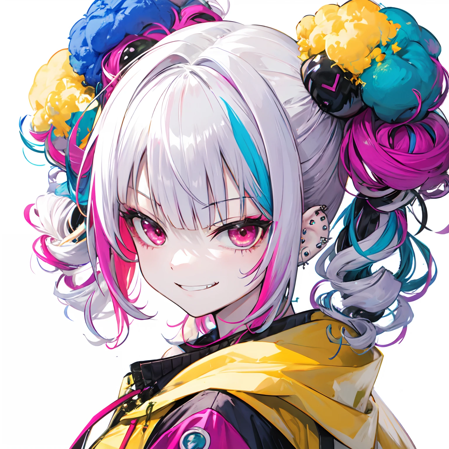 solo,(afro:1.4),(drill hair,dreadlocks,two side up,ponytail,hime cut,twintails,braid,hair bun:0.8),(wavy multicolor hair:1.2),(smokeanywhere:1.4),smirk,piercing