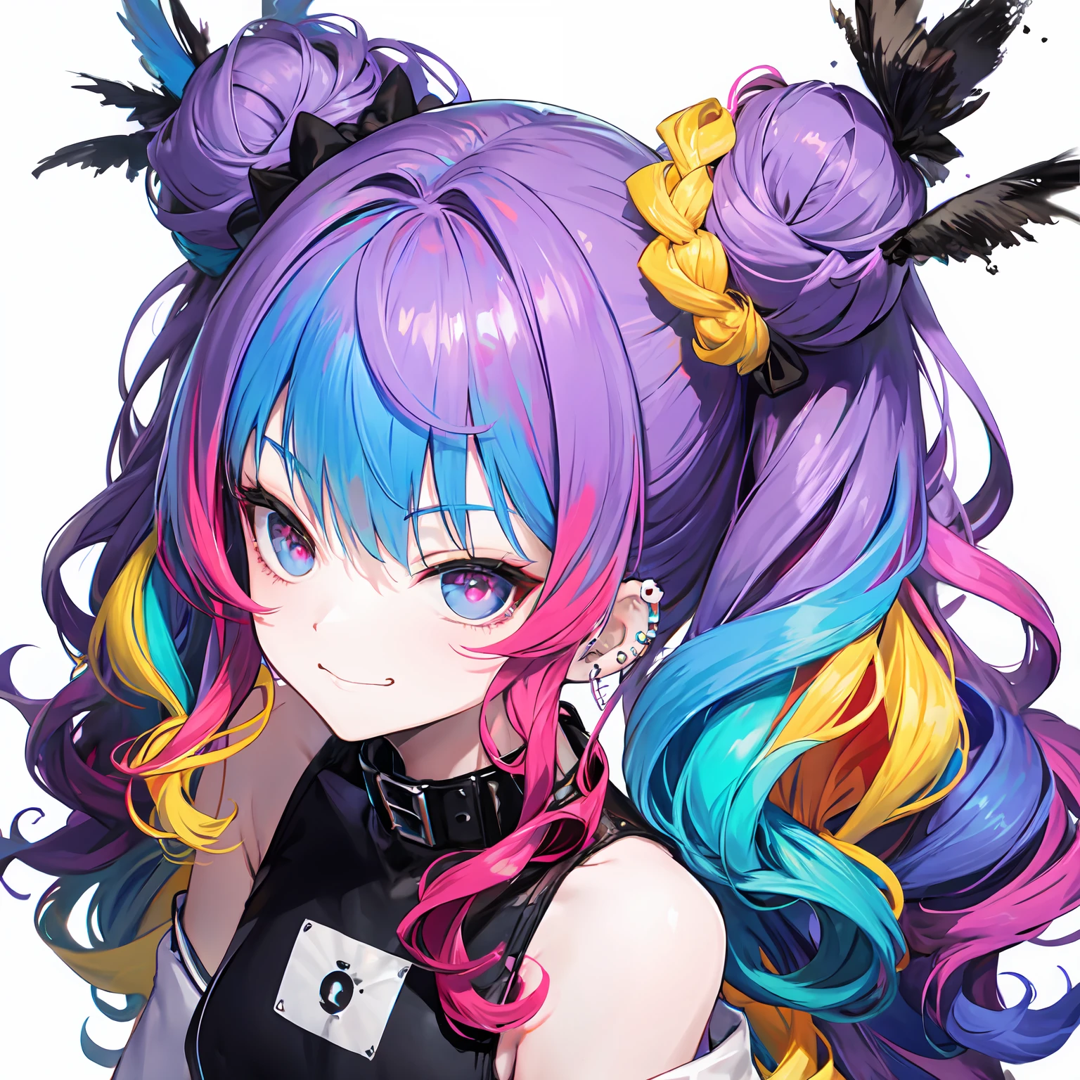 solo,(afro:1.4),(drill hair,dreadlocks,two side up,ponytail,hime cut,twintails,braid,hair bun:0.8),(wavy multicolor hair:1.2),(smokeanywhere:1.4),smirk,piercing