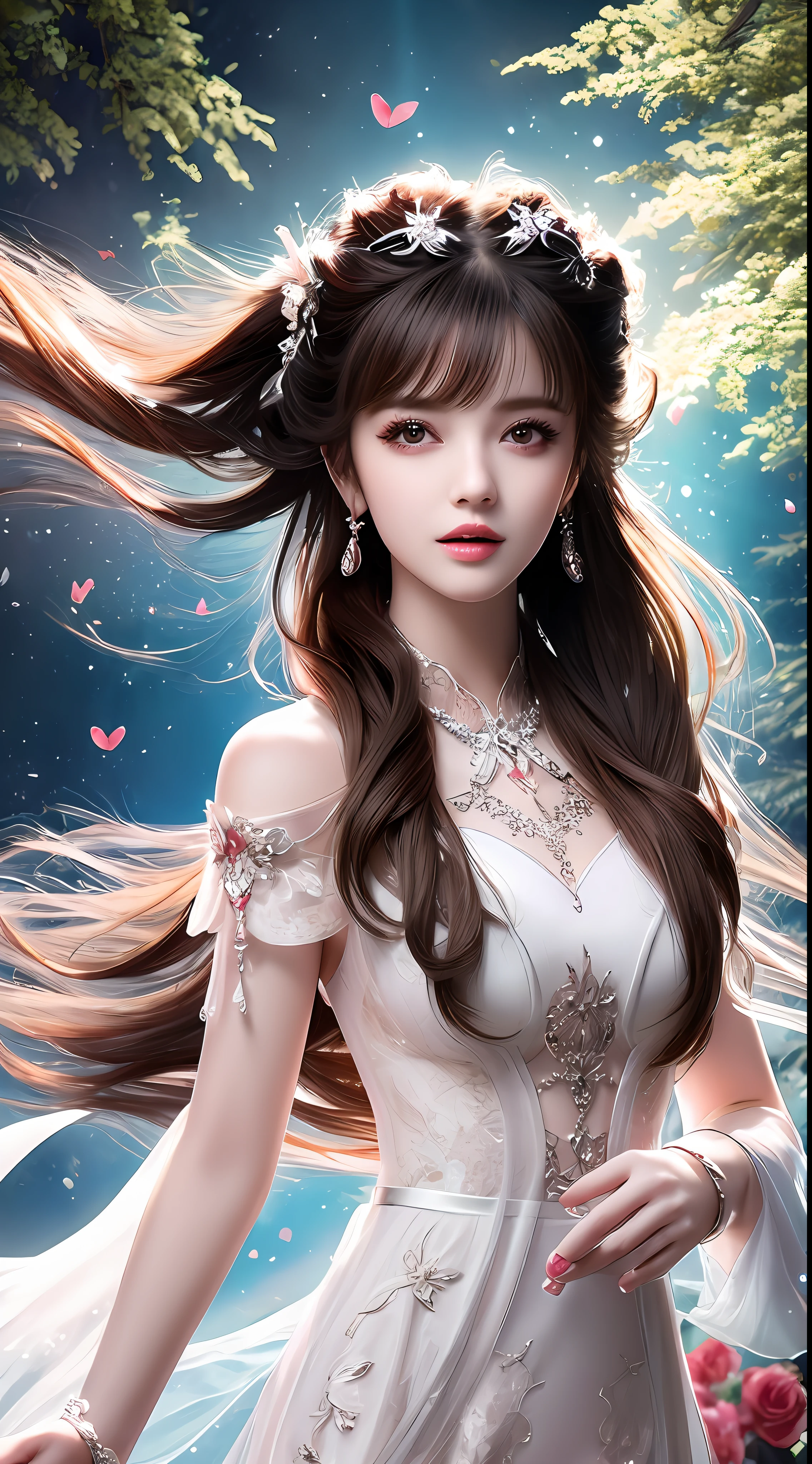 8k ultra hd, mastermiece, a girl, good face, detailed, eyes, beautiful lips, very hong hair, spreading hair, medium breasts, wedding dress, white dress, in the park, flying birds, blowing winds, clear weather, whole body capture,