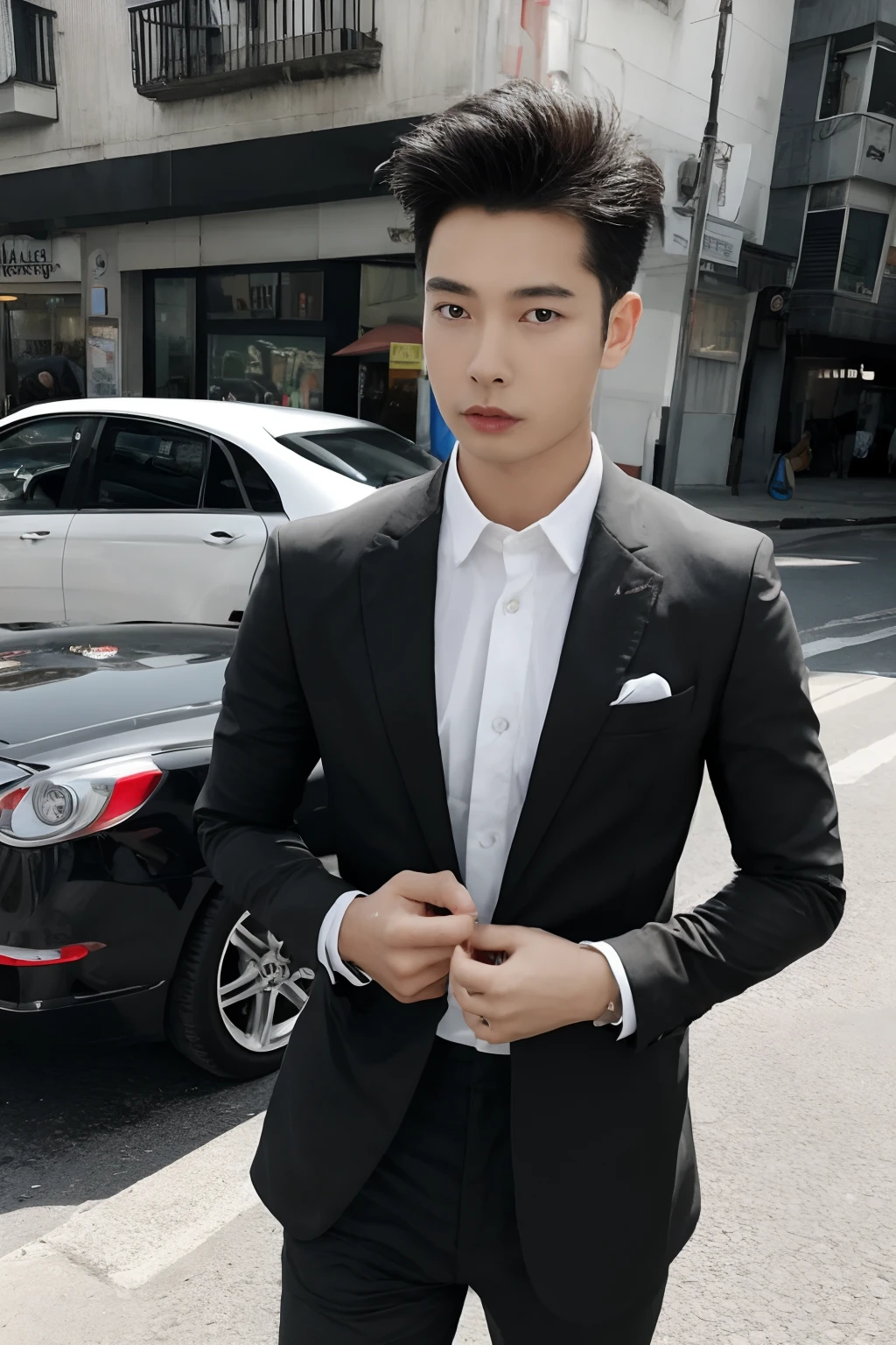 Asian male model on the street,Wedding car,cruel,Red sedan,Slr,Business suit