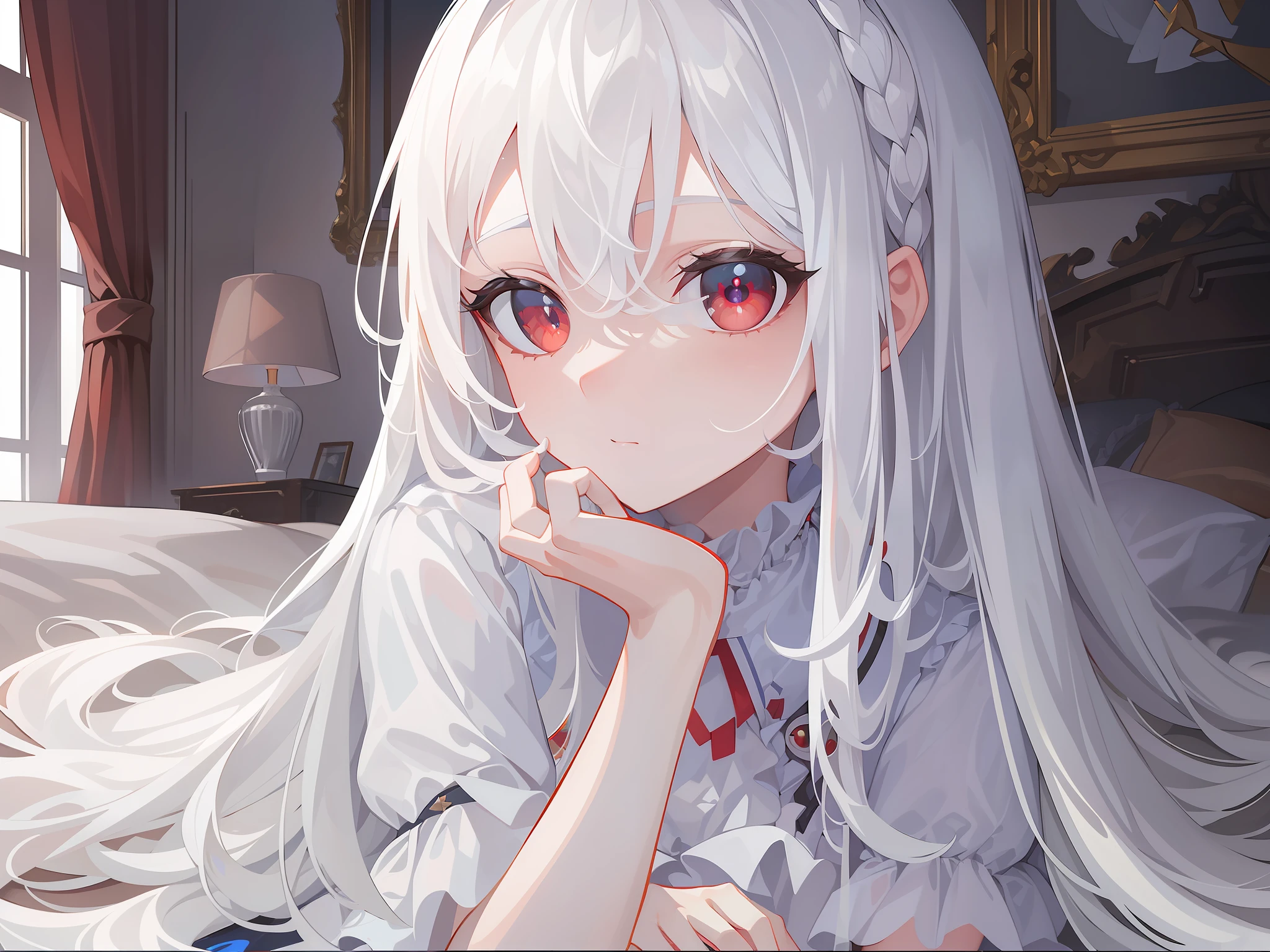 ((Masterpiece, Best quality))++, Detailed light+, Detail hair+, detail hand+ ,1girll, woman, Long hair, dark red eye, Beautiful eyes, Young gray hair,,(Beautiful white hair:1.5),(Beautiful detailed eyes), , high resolution+, Masterpiece, , Glass tones, Reflective eyes, {{Angle}} , extremelydetailedwallpaper, Original,full bodyesbian,Bedrooms,upper legs, Beth,starrysky,Issuing,,swim wears