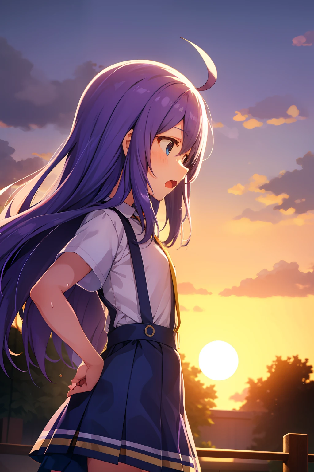 mochizuki anna,1girl in,Solo,Long hair,Purple hair,Medium chest.Ahoge,Blue eyes.Short stature.white t-shirts.suspenders.Skirt.Evening glow.the setting sun.Despair face.Sweat.Opening Mouth.up chest.put hands on the hip.Looking from the side.
