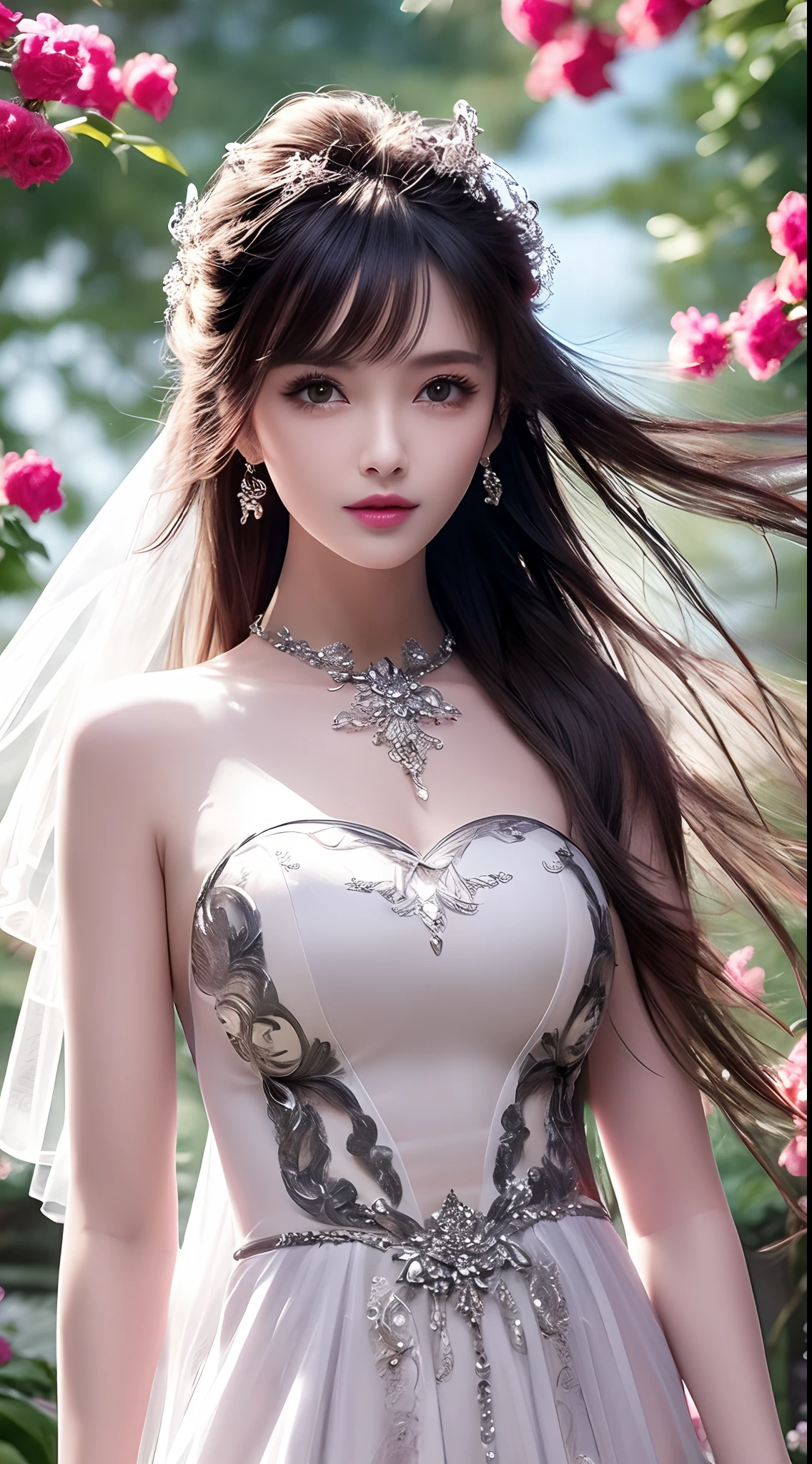 8k ultra hd, mastermiece, a girl, good face, detailed, eyes, beautiful lips, very hong hair, spreading hair, medium breasts, wedding dress, white dress, in the park, flying birds, blowing winds, clear weather, whole body capture,