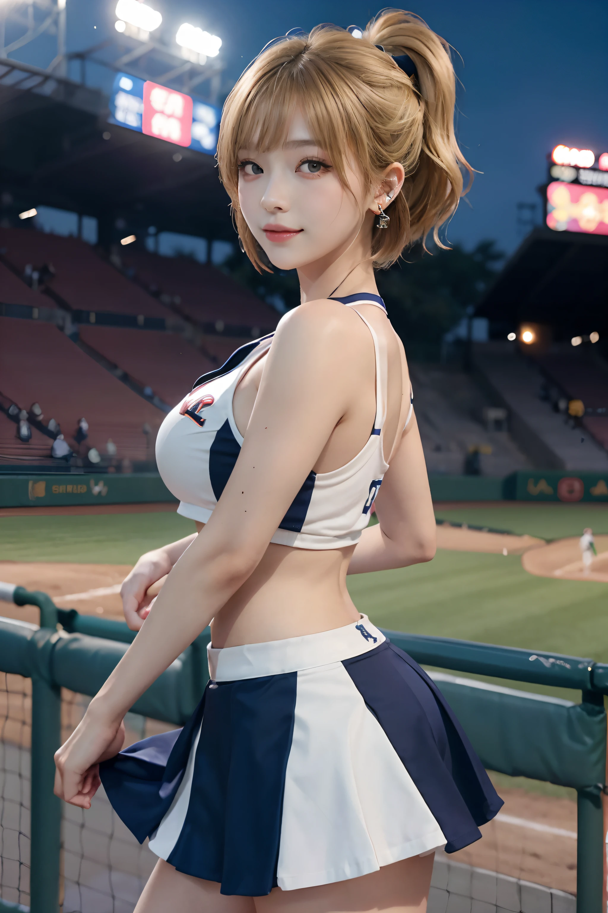  cool Korean, big round breasts, cleavage, cheerleader, baseball team cheerleader, skirt, beautiful eyes in detail, eyelashes, beautiful double eyelids, eyeshadow, slit eyes, perfect eye makeup, seductive smile, beautiful thin legs, bright blonde, bob cut, ponytail, various hairstyles, earrings, stand at the baseball stadium at night, night