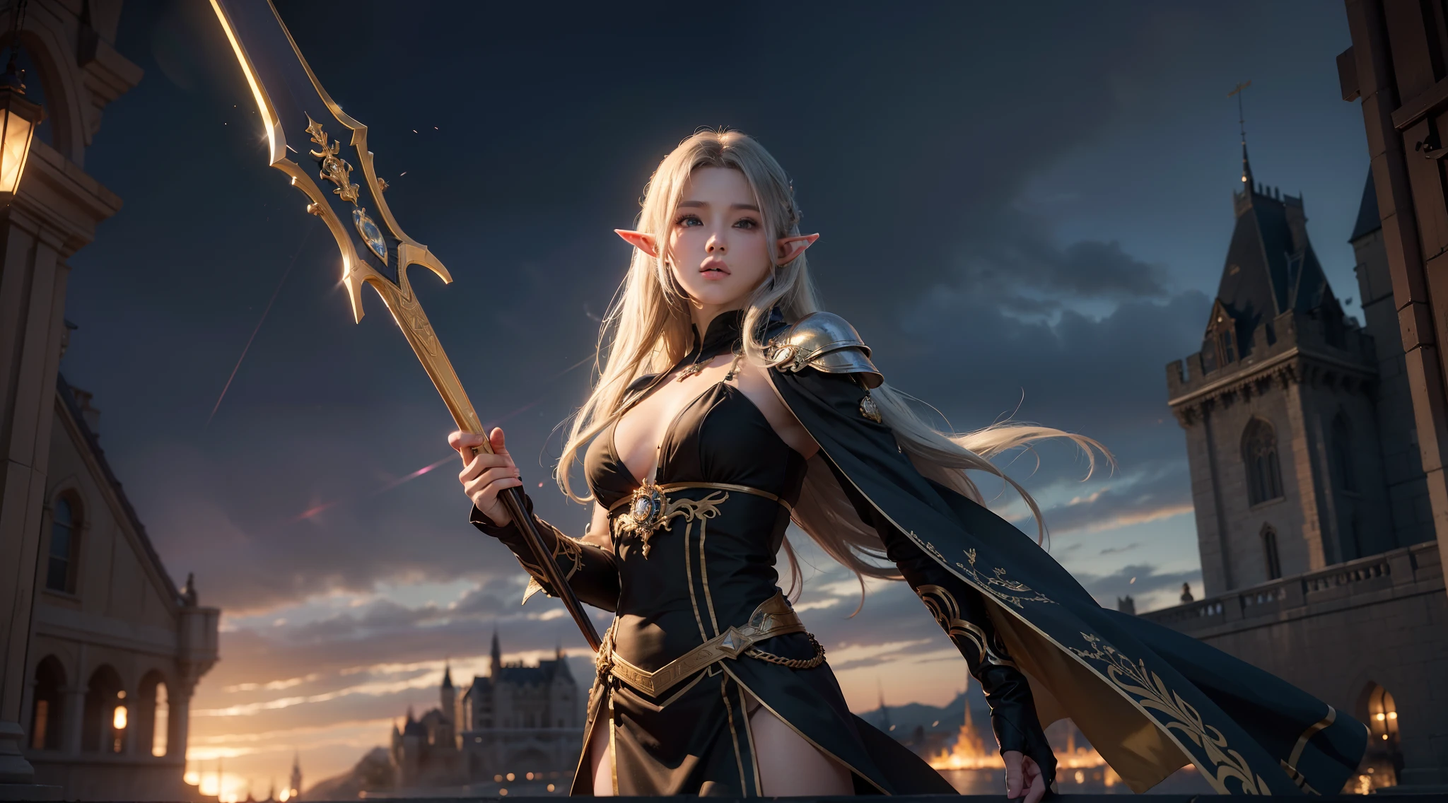 ((best qualtiy)), ((tmasterpiece)), ((Realistis)), (A detailed), (realisticlying:1.5),illusory engine, (High detail: 1.9),(femele:1.4),(big breasts beautiful: 1.4),(carismatic:1.3), (Large breasts), Female elf,beuaty girl,elaborate robes,beauitful face, looking at viewert, dynamicposes, The background is the castle,hdr, Ray traching, NVIDIA RTX, Hyper-Resolution, Unreal 5, sub surface scattering, PBR textures, Post-processing, Anisotropic filtering, depth of fields, Maximum clarity and sharpness, trichotomy,8K original,(Luminous Particle:1.4),(VerydetailedCG,Unity 8k壁纸,cinmatic lighting,lens flare glow),Reflectors,Sharp focus,(((Glowing scepter:1.8)))
