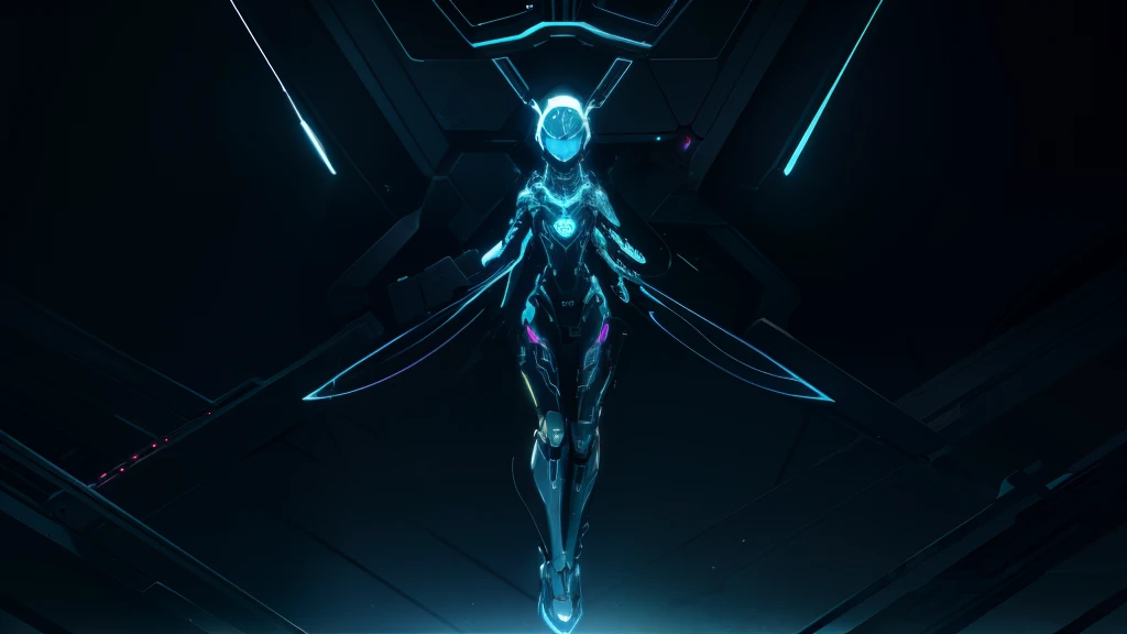 Electric wiring, robotic limbs, glowing eyes, cables everywhere, in space, metallic body, deep glow, glowing background lights, full body view, zoomed out, crazy angle, flower chest, uncanny