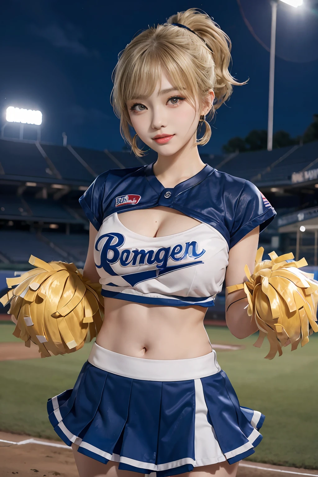 17 year old cool Korean, big round breasts, cleavage, cheerleader, baseball team cheerleader, skirt, beautiful eyes in detail, eyelashes, beautiful double eyelids, eyeshadow, slit eyes, perfect eye makeup, seductive smile, beautiful thin legs, bright blonde, bob cut, ponytail, various hairstyles, earrings, stand at the baseball stadium at night, night