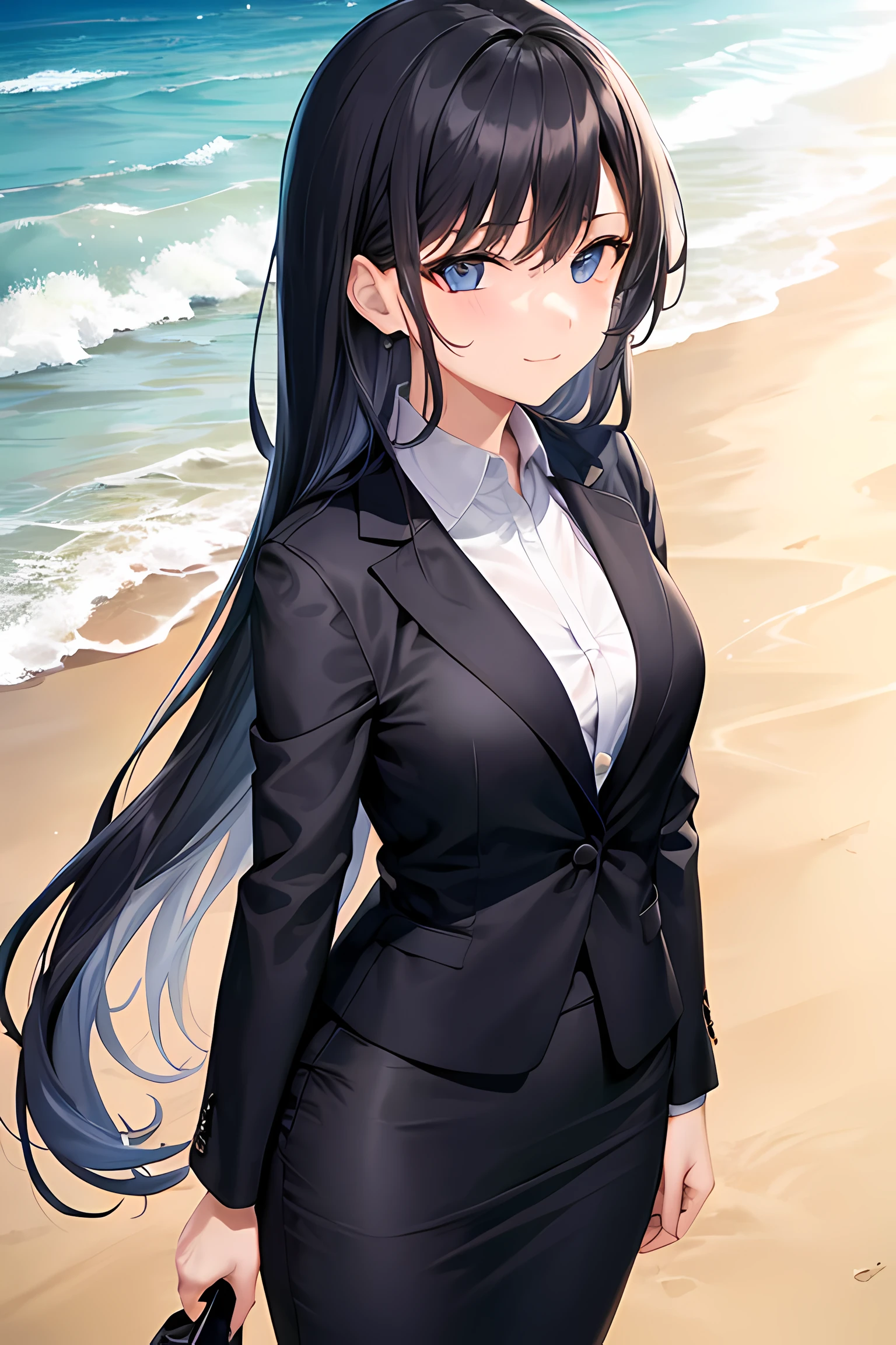 1girl, suit, beach background, office lady, black skirt, black blazer, pencil skirt, long hair, blue hair, light blue eyes, short smile, teenager,