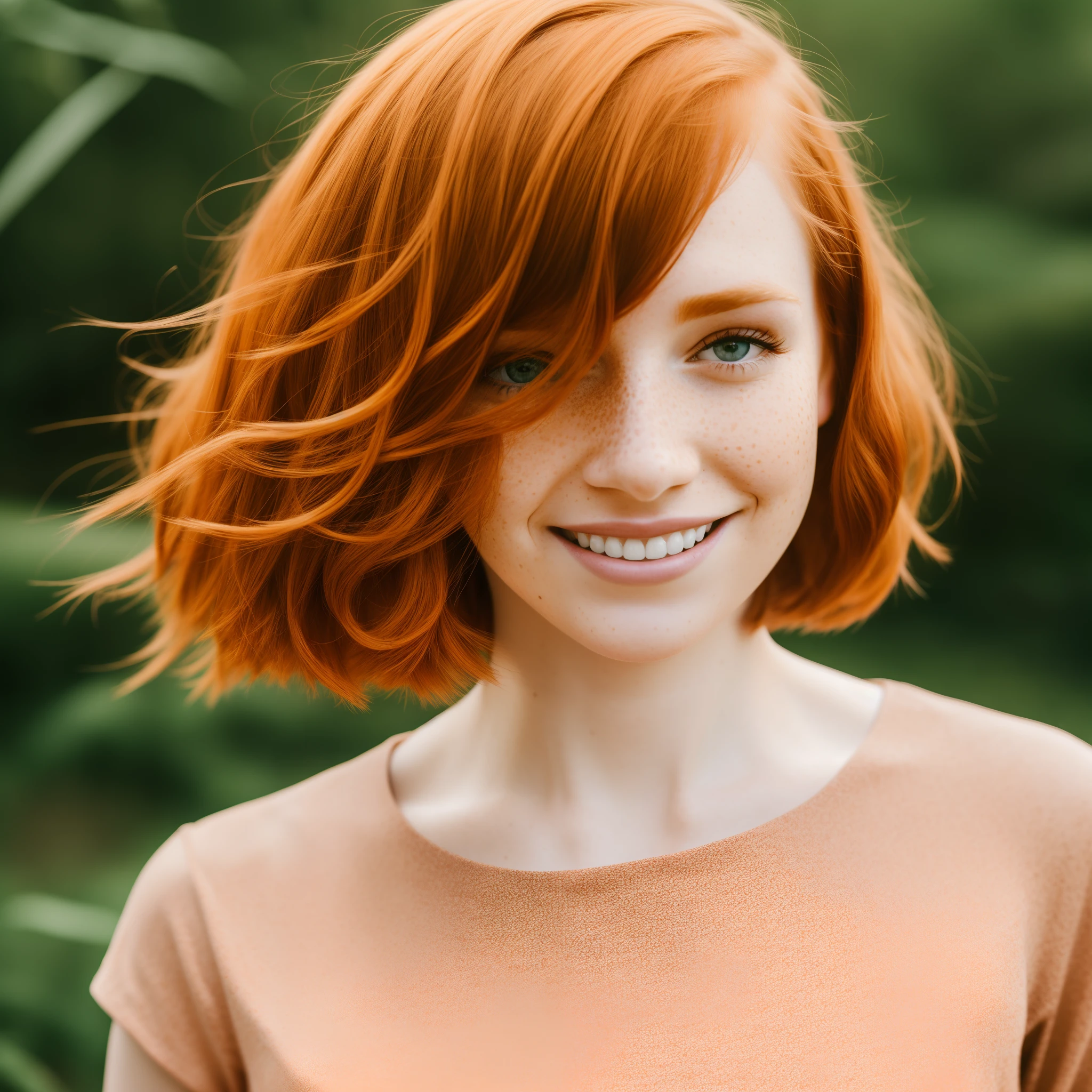 a close up of a woman with freckles and a shirt, full body, red bob cut hair with freckles, freckled, red hair and freckles, nice smile, freckled pale skin, freckled face, with freckles, freckles, freckle, redhead girl, light freckles, cute freckles, light cute freckles, small freckles, hint of freckles, res bob cut hair, color portrait, flowing ginger hair, soft freckles, full body