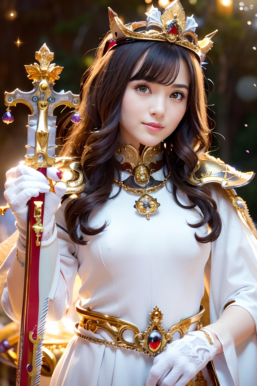 (masutepiece), Professional , masterpiece、top-quality、photos realistic , depth of fields (Gemstone Silver Metal Body:1.9),(Matte White、Particles of light、 Gold Weapon(Jewel Metal Body:1.4),Gorgeous metal weapons , Detailed Sword of the Brave , Beautiful knife ,warhammer 40k , adepta sororitas,Detail and ornate jewel crown、Particles of light、Brown hair、Gangle's forest background、Beautiful Caucasian beauty、1a person、dynamic ungle,(((Detailed and ornate diamond crown)))、Particles of light、Mystical expression、smaller head、a smile、
