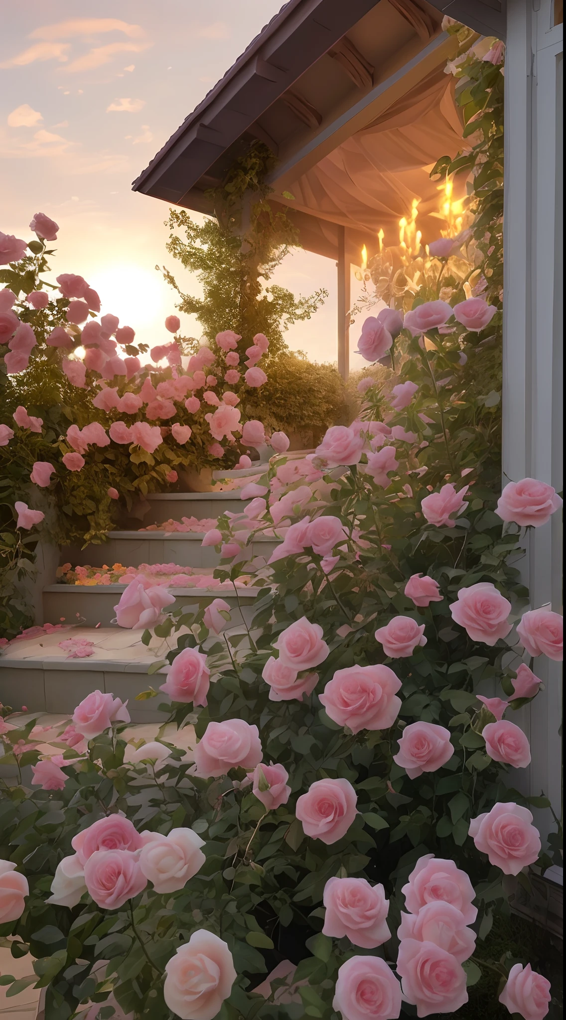 There is a clump of pink roses outside the house,Beautiful and aesthetic,with soft pink colors,Beautiful beauty,Roses in movie lights,Lush flowers outdoors,Natural and floral aesthetics,rose garden,rosette,portal made of roses,Beautiful images, rosette, Fantastic aesthetics, In a cottage core garden, Pink prime time,(masterpiece:1.6, best quality), (fine detailed beautiful eyes: 1.2), (the Extremely Detailed CG Unity 8K Wallpapers,tmasterpiece,ultra-detailliert,The best shadow),(detailed back ground),hight contrast,(best illuminate,Extremely refined and beautiful),((Splash of colored paint on transparent background,Dulux,)),((Caustics)),dynamic angle,beautiful detail glow,4K,Perfect flowers