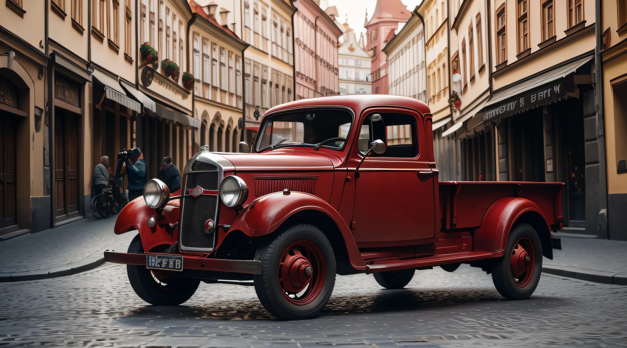 full figure of an photographer taking a distance reportage picture of an nice polished old European red truck in an Prague street, highly detailed photography style, intricated details, cinematic lighting, contrast lighting, dslr, insanely intricate details, amazing fine detail, hyper detailed, sharp focus, ultra high res