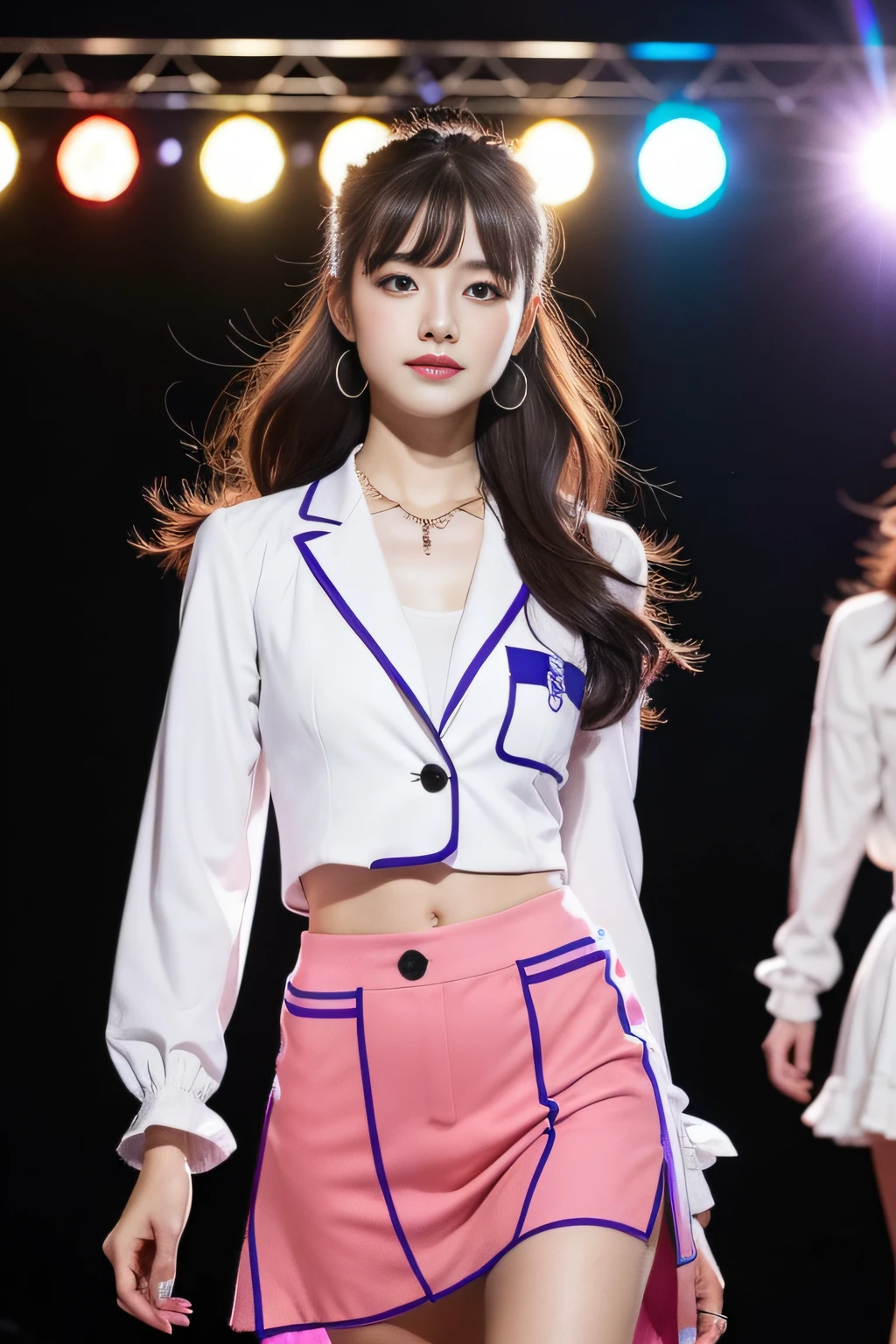 (8K分辨率,Full body photo in the distance,Over-leg bust photo,Realistic wallpapers),(1 female,18yr old,(Asahina Aya's facial features:1.6,Broad skeletal cheeks,babyfat,s delicate face),com rosto detalhado,(Delicate Japanese makeup,Stage pop makeup),Lovely face,com rosto detalhado,详细的脸,Ultra-fine makeup,Black colored eyes,(Look into the distance),Big wavy long curly hair,(By bangs,Messy hair,Messy has layers),Redlip,Fair smooth skin,(Best Skin Type:1.21),mediuml breasts,(White sailor top,Printed bust group,(materpiece:terylene,Lycra cotton,elasticity),Small ear ding,Fashion necklace,high-heels),Tall and tall,perfect hand,Ultra-fine clothing material),(Stage catwalk,Exquisite stage details,(Vista view of the catwalk,Outdoor catwalk,Tokyo fashion show,neonlight,There were a lot of spectators in the audience,Model on the catwalk)),(exhilarated,confident smile,Rejoice),(Various stage lighting assistance,profesional lighting,动态照明),((vibrant with colors,Reserved,ellegance,vivaciousness,(white colors,purpleish color,blue colors,in pink))),(Golden section,Cinema lenses,Hasselblad photograp,tmasterpiece:1.3),(Pure,adolable,Sunny and lively,boisterous,Petite and lovely,boisterous,dream magical,Little woman,trendsetting,Street style,Artis,Art platform)