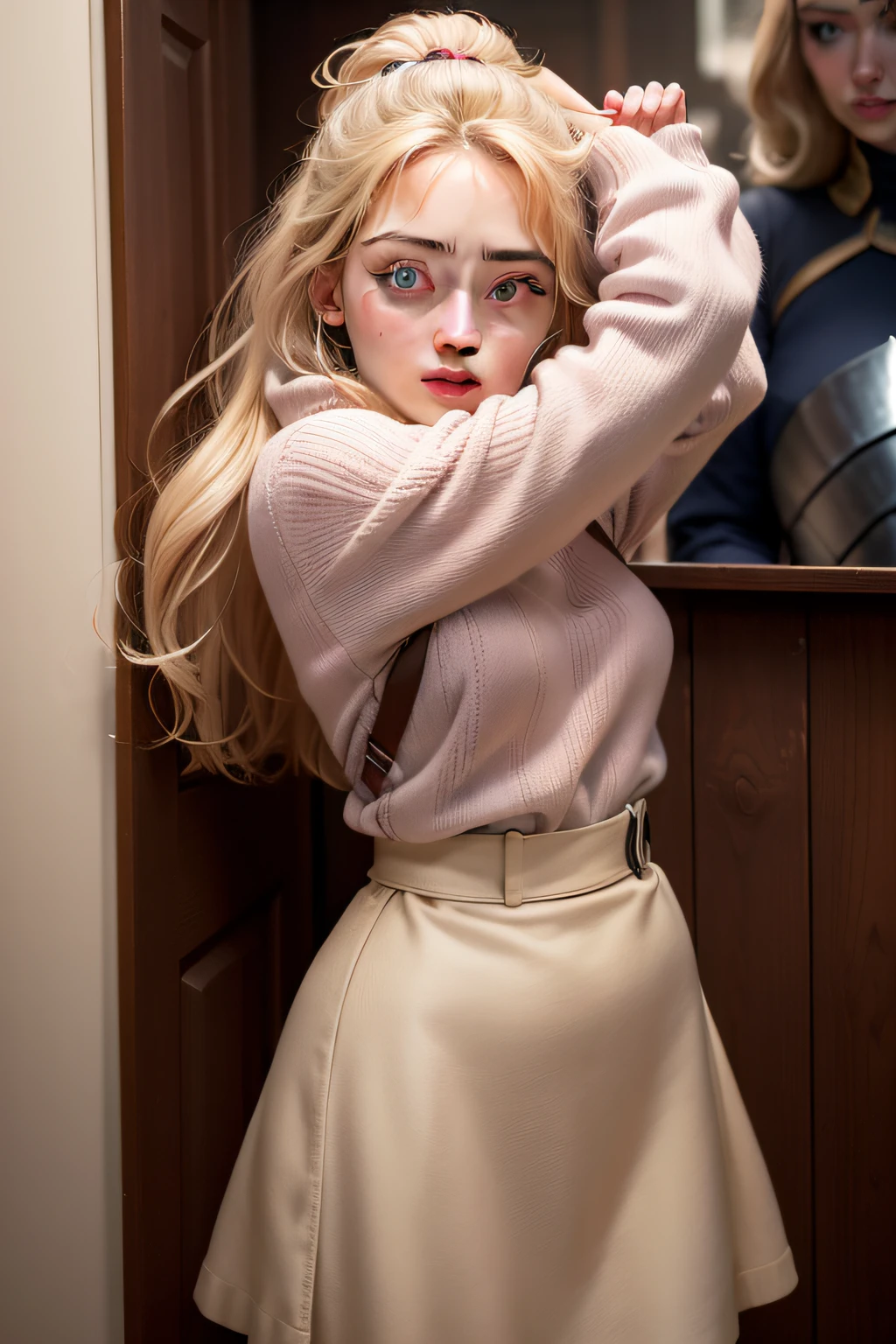 a close up of a woman wearing a pink sweater and a beige skirt, ana de armas portrait, portrait of ana de armas, ana de armas, natalia dyer, imogen poots, imogen poots paladin, ana de armas as joan of arc, imogen poots d&d paladin, rosy cheeks