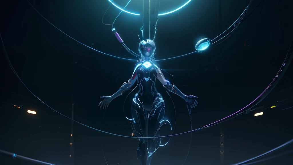 Electric wiring, robotic limbs, glowing eyes, cables everywhere, in space, metallic body, deep glow, glowing background lights, full body view, zoomed out, crazy angle, flower chest, uncanny, awardwinning, ultra High deatail, ultra realistic, ultra perfect, masterpiece, 8k, perfect details, perfect background, high resolution