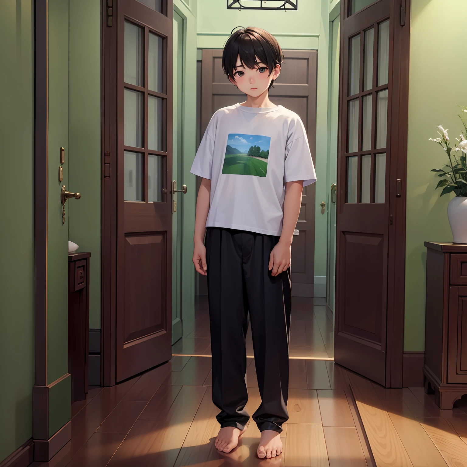 masterpiece、top-quality、High-quality images、8K、独奏、People who stand up straight、upright immovable、feet shoulder-width apart、frontage、Male child、(tshirts、breeches、):1.4、Age 、No hats、view front、Everyday clothes、Green Screen、Border extraction