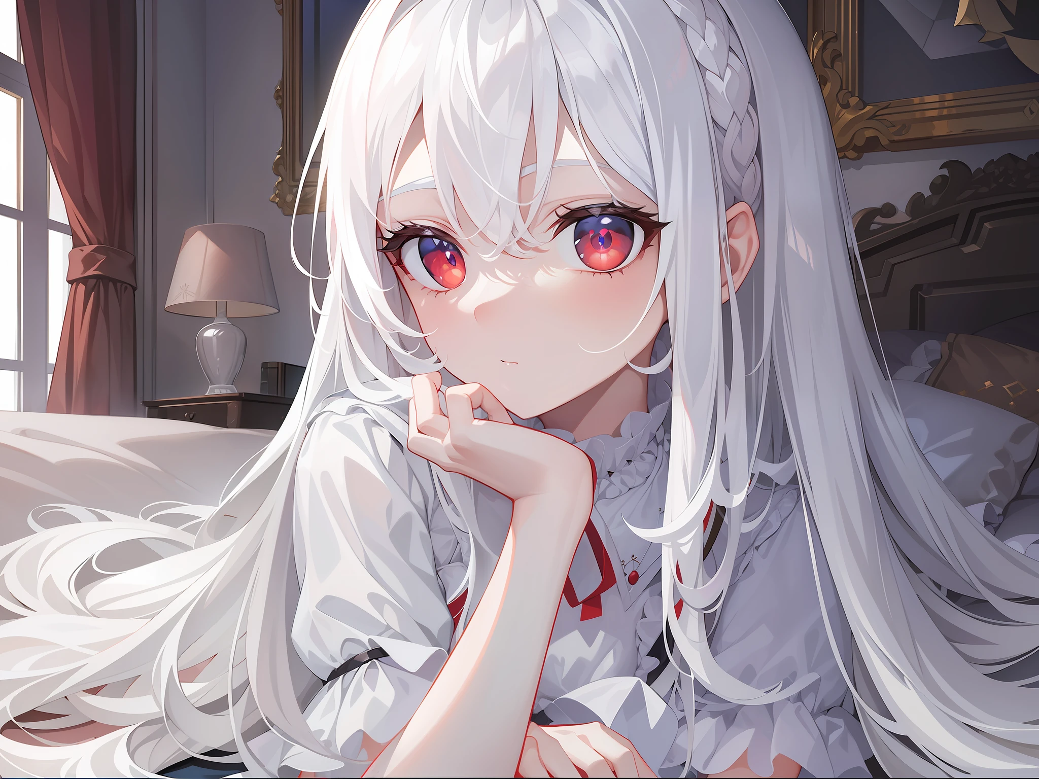 ((Masterpiece, Best quality))++, Detailed light+,  Detail hair+, detail hand+ ,1girll, woman, Long hair,   dark red eye,  Beautiful eyes, Young gray hair,,(Beautiful white hair:1.5),(Beautiful detailed eyes), ,    high resolution+,   Masterpiece,  , Glass tones, Reflective eyes,  {{Angle}} , extremelydetailedwallpaper, Original,full bodyesbian,Bedrooms,upper legs, Beth,starrysky,Issuing,,swim wears