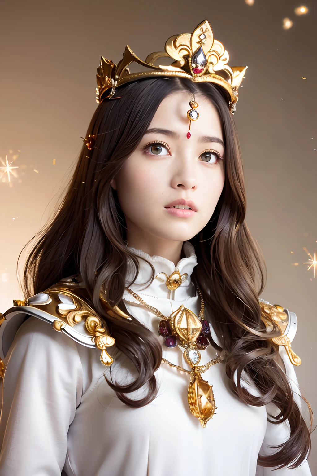 (masutepiece), Professional , masterpiece、top-quality、photos realistic , depth of fields (Gemstone Silver Metal Body:1.9),(Matte White、Particles of light、 Gold Weapon(Jewel Metal Body:1.4),Gorgeous metal weapons , Detailed Sword of the Brave , Beautiful knife ,warhammer 40k , adepta sororitas,Detail and ornate jewel crown、Particles of light、Brown hair、Gangle's forest background、Beautiful Caucasian beauty、1a person、dynamic ungle,(((Detailed and ornate diamond crown)))、Particles of light、Mystical expression、smaller head、a smile、