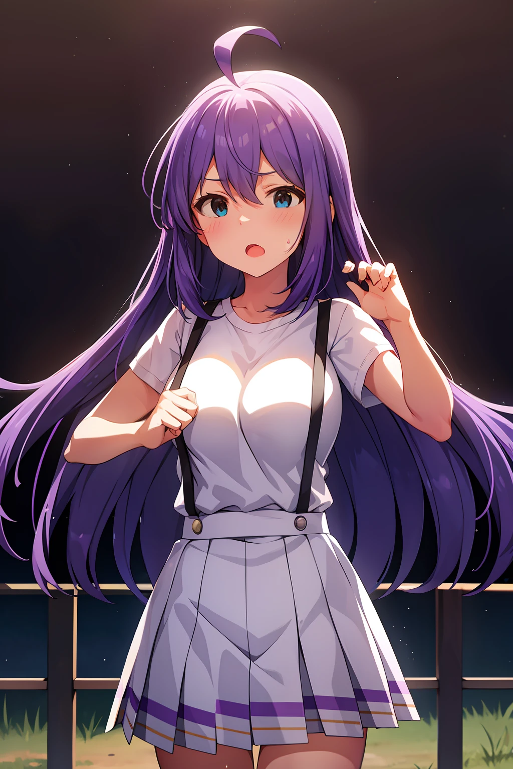 mochizuki anna,1girl in,Solo,Long hair,Purple hair,big breasts.Ahoge,Blue eyes.Short stature.white t-shirts.suspenders.Skirt.Evening glow.the setting sun.Despair face.Sweat.Opening Mouth.up chest.Fighting stance.