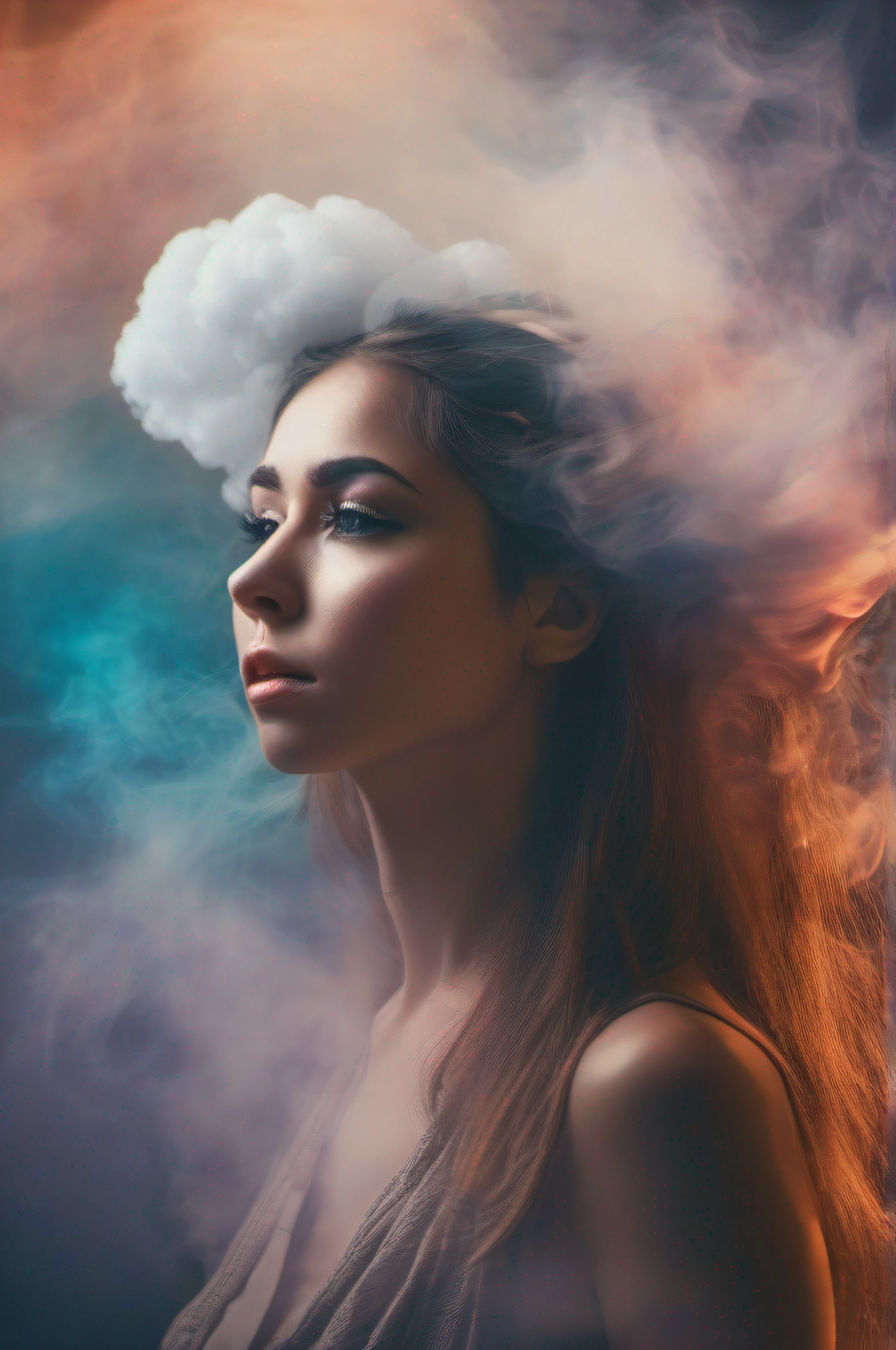 A woman with a cloud of smoke coming out of her head, pexels contest winner magic and fantasy, inspired by Konstantin Westchilov, inspired by Ross Tran, spells magic, featured on artsation, casting a multicolored spell, magical and mystical, twin souls