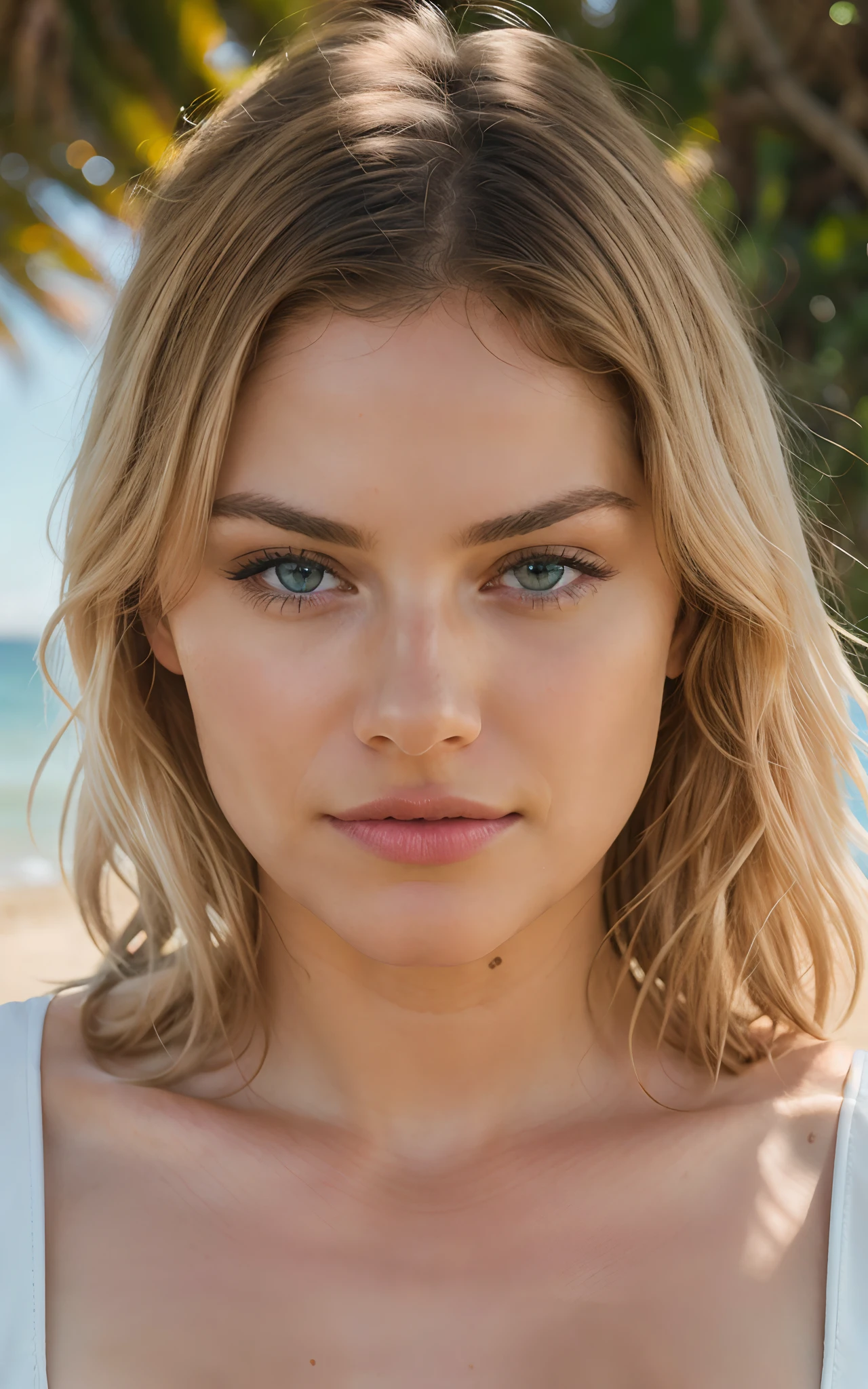 Beach photo session, Studio lighting. Portrait of a beautiful blonde woman in 30s, blue eyes, intricate artwork by Joaquin Sorolla, soft natural light, sunshine on her face, cinematic lighting, lumen reflections, photography, stunning environment, Hyperrealism, cgi, octane render, raytracing, Photo realism, extreme details, HDR, 8K, RTX, Sony A7R III, Rokinon RK50M-E 85mm F1. 2. Auto-White Balance