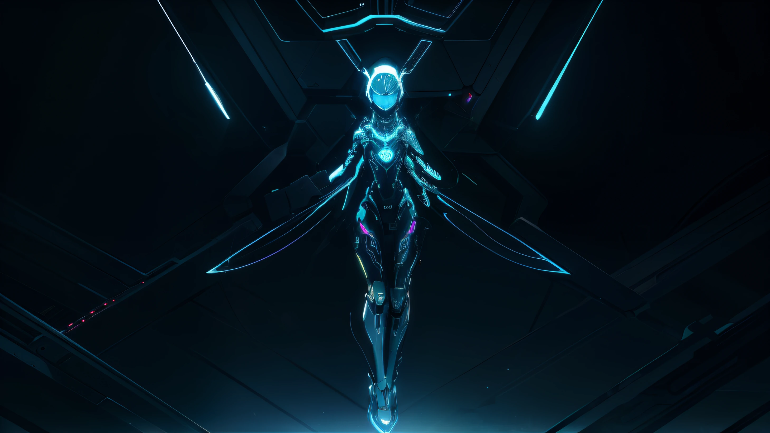 Electric wiring, robotic limbs, glowing eyes, cables everywhere, in space, metallic body, deep glow, glowing background lights, full body view, zoomed out, crazy angle, flower chest, uncanny