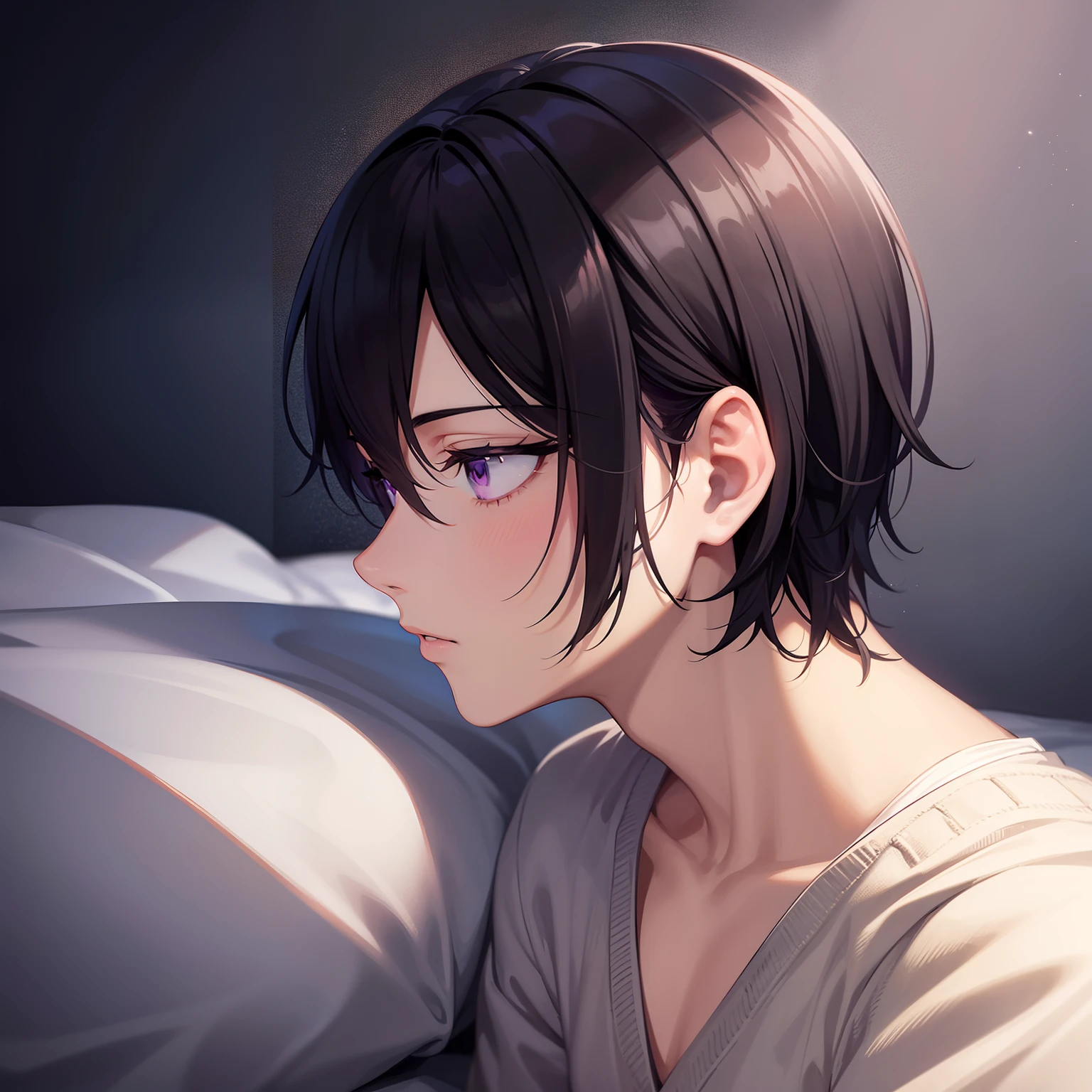 styles, ​masterpiece, top-quality, solo man,Special details, illustratio,a bed,natta, At night,Profile of a man with black hair,Purple eyes,