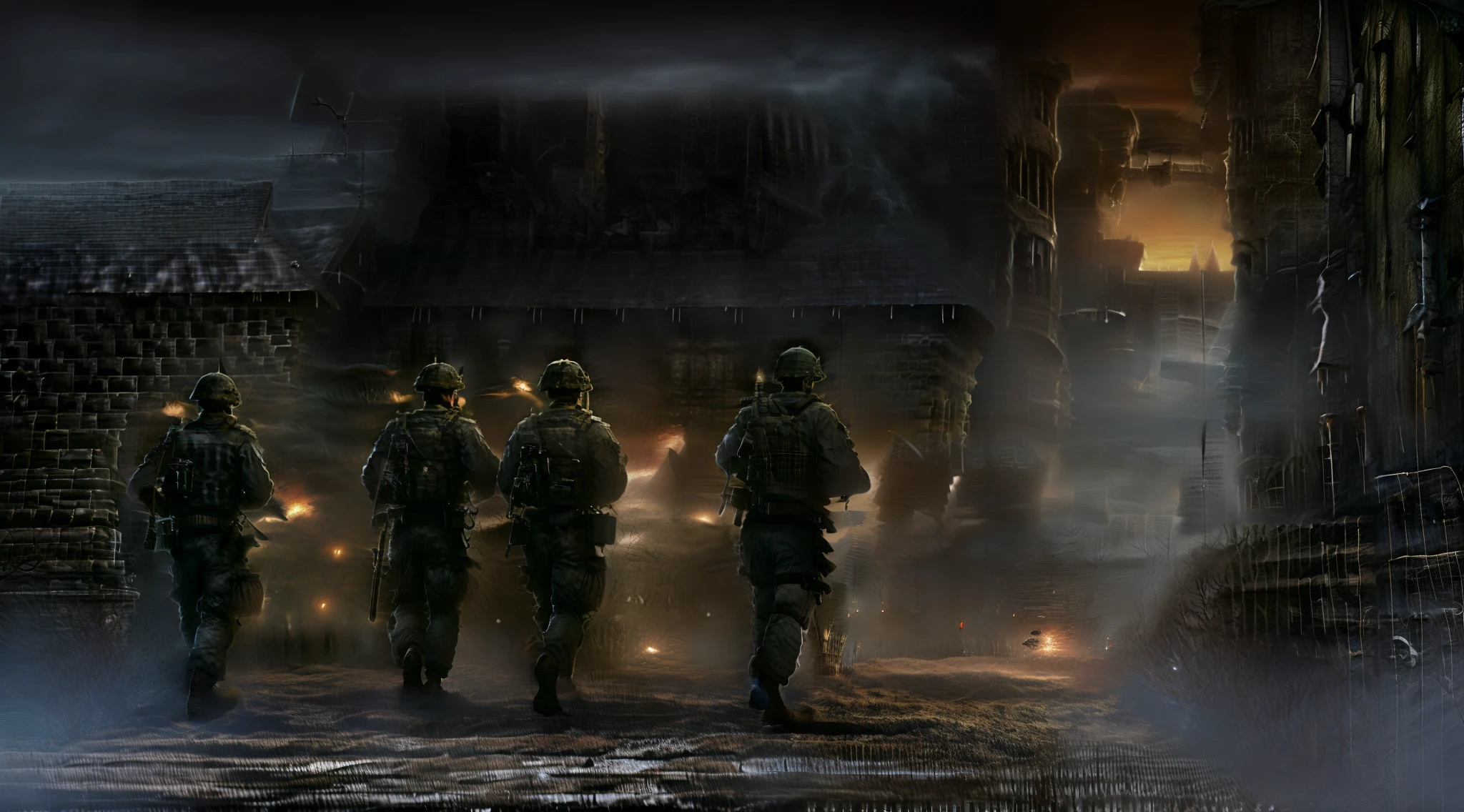 Uniformed soldiers walk through the city streets, soldiers charging in, soldiers charging the enemy,The surrounding buildings are lit up，cannon fire，nigth，Large force support，High quality，The content is detailed