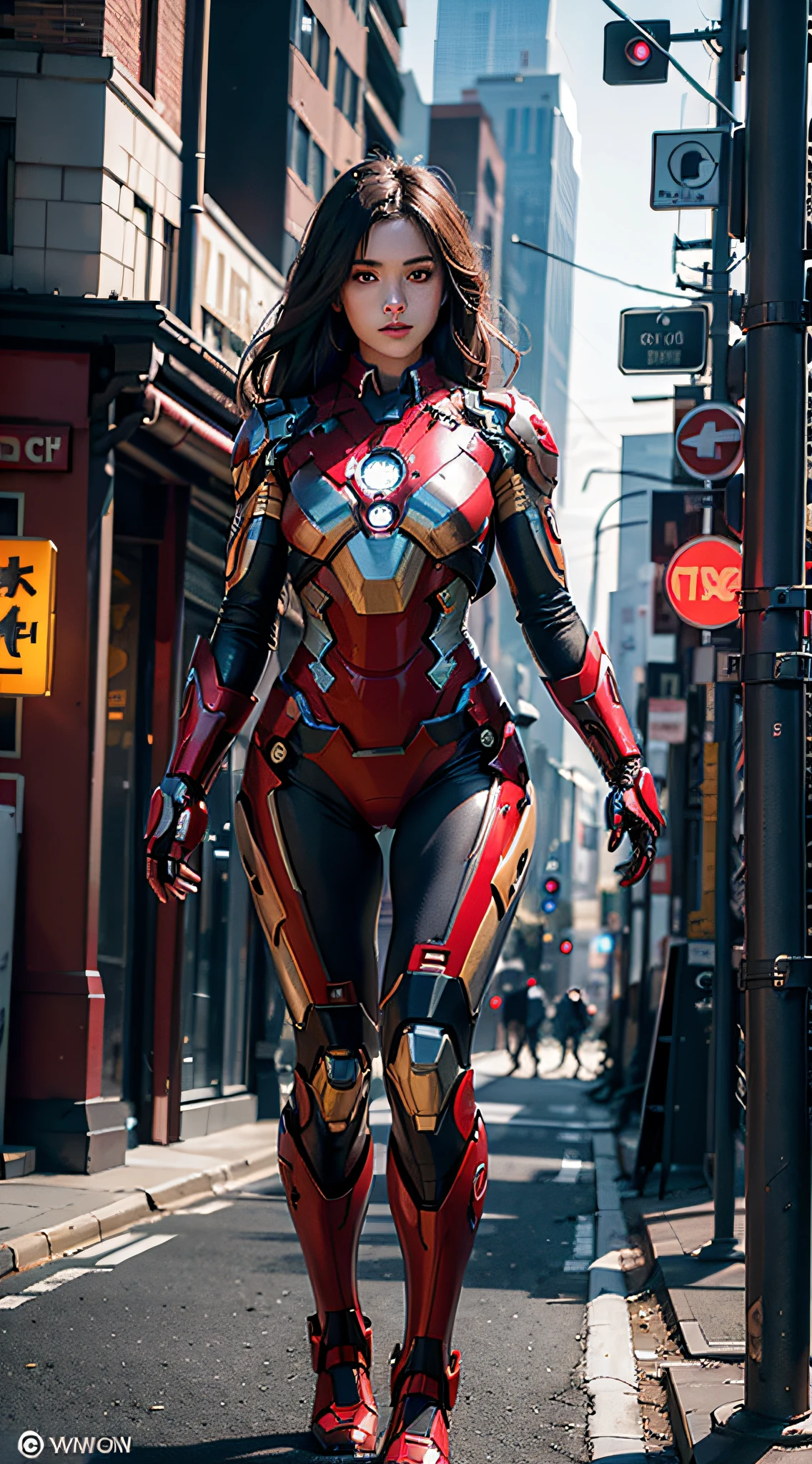 8k, realistic, attractive, highly detailed, a 20 year old girl a sexy and attractive woman inspired by Iron Man wearing a shiny Iron Man mech. She dresses with sensuality and confidence, perfectly interpreting Iron Man&#39;s strength and charisma. The abandoned warehouse serves as a backdrop, creating a unique atmosphere that highlights her bravery and perseverance. The tall buildings and buildings on the street exude the unique charm of cyberpunk, and the neon light outlines the outline of the city, which sets off the powerful strength and personality charm of Iron Man. This high-definition, high-quality picture will bring you stunning visual enjoyment, a perfect combination of sexy, futuristic and sci-fi elements. oc rendering, dramatic lighting, award winning quality