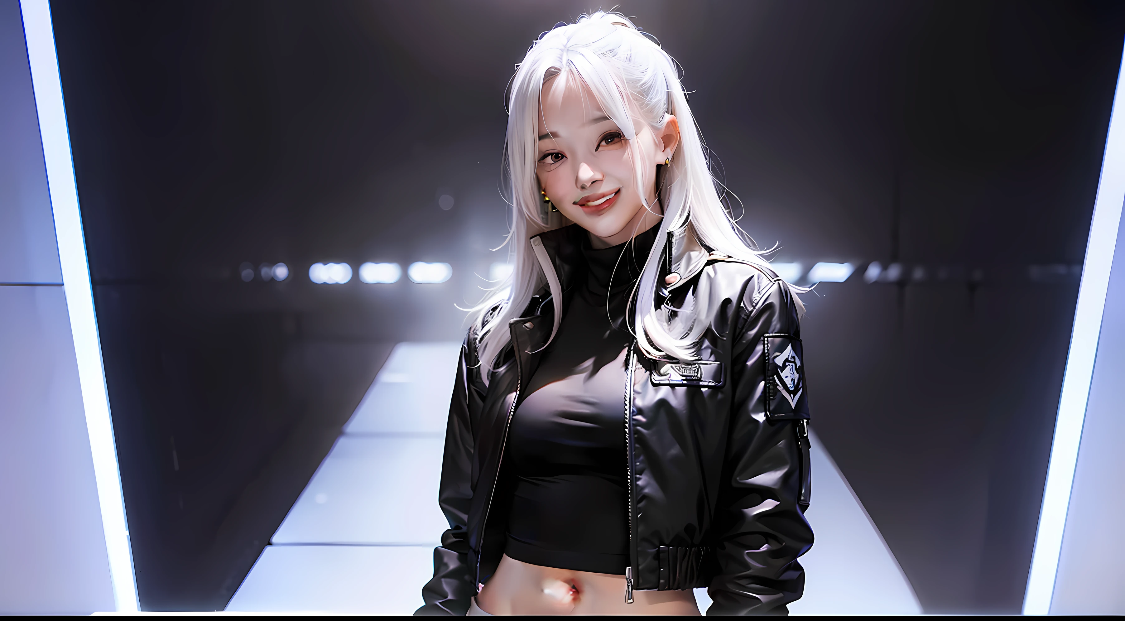 1girl, With a black jacket, and white underwear, black pants, white hair, smile