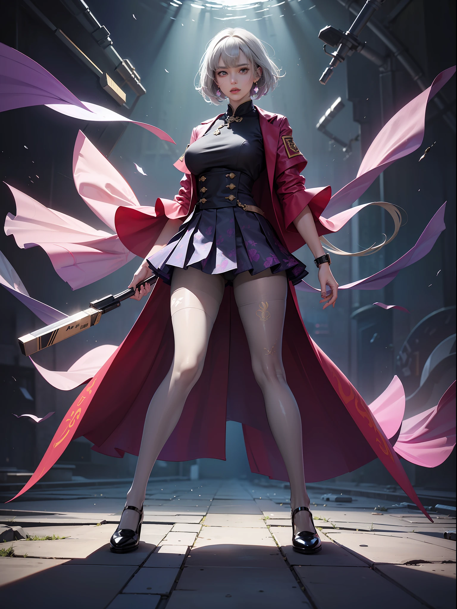 (full body:1.5),(1girl:1.3),(looking at viewer:1.4),(anatomy correct:1.3),(In the paradise of the day:1.3),(Wearing Very thick Printed Pantyhose and chinese JK Student Dress Printed Pleated Skirt and JK uniform leather shoes,and a large amount of jewellery :1.3), (A high jump posture:1.3),(In pink|amarelo|blue colors|green color|red colour|white colors|black in color|purpleish color|greys|Beige|Flesh color 1.4),,(Accurate and perfect face:1.4),(Clothing Gloss:1.25),(Skin reflection:1.25),hyper HD, Ray traching, reflective light,structurally correct, Award-Awarded, high detal, lightand shade contrast, Face lighting,cinmatic lighting, tmasterpiece, super detailing, high high quality, high detal, best qualityer, 16k,high contrast,