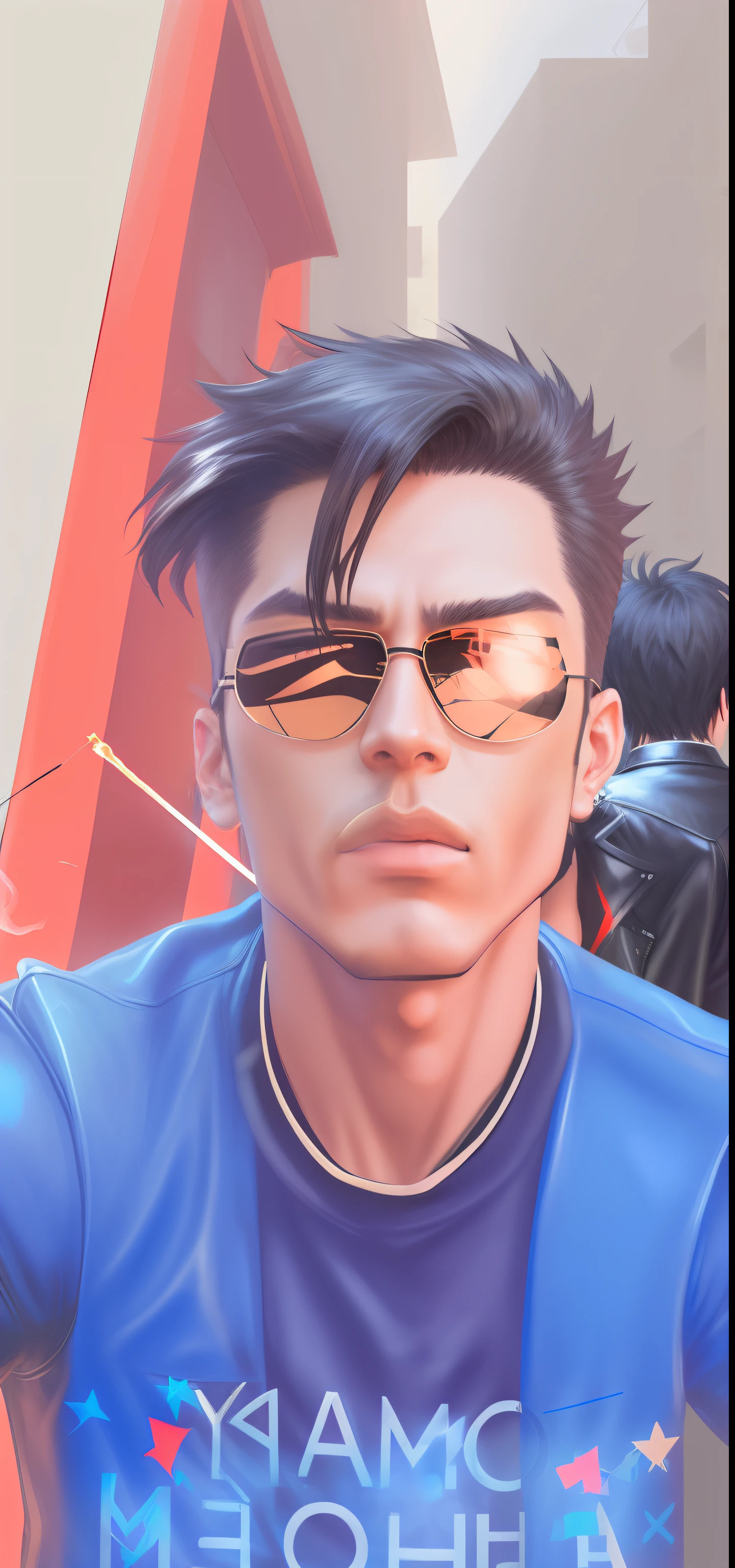 Change background, realistic face, with black coloured leather jacket, with aesthetic looks, a black coloured sunglasses, anime men, with cigarette.