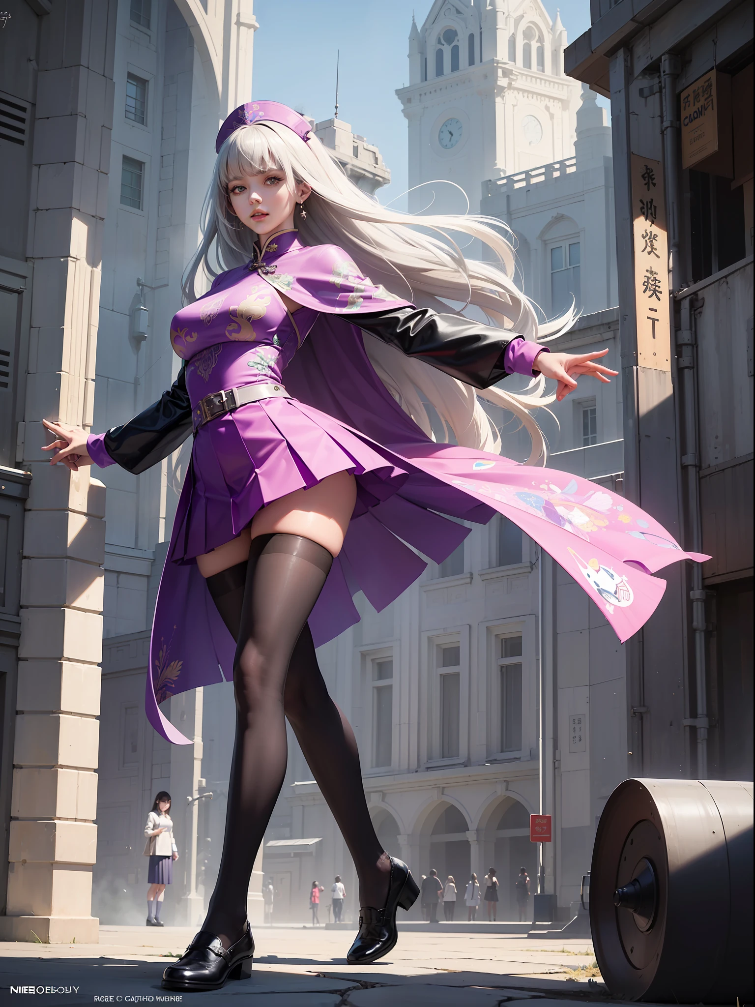 (full body:1.5),(1girl:1.3),(looking at viewer:1.4),(anatomy correct:1.3),(In the paradise of the day:1.3),(Wearing Very thick Printed Pantyhose and chinese JK Student Dress Printed Pleated Skirt and JK uniform leather shoes,and a large amount of jewellery :1.3), (A high jump posture:1.3),(In pink|amarelo|blue colors|green color|red colour|white colors|black in color|purpleish color|greys|Beige|Flesh color 1.4),,(Accurate and perfect face:1.4),(Clothing Gloss:1.25),(Skin reflection:1.25),hyper HD, Ray traching, reflective light,structurally correct, Award-Awarded, high detal, lightand shade contrast, Face lighting,cinmatic lighting, tmasterpiece, super detailing, high high quality, high detal, best qualityer, 16k,high contrast,