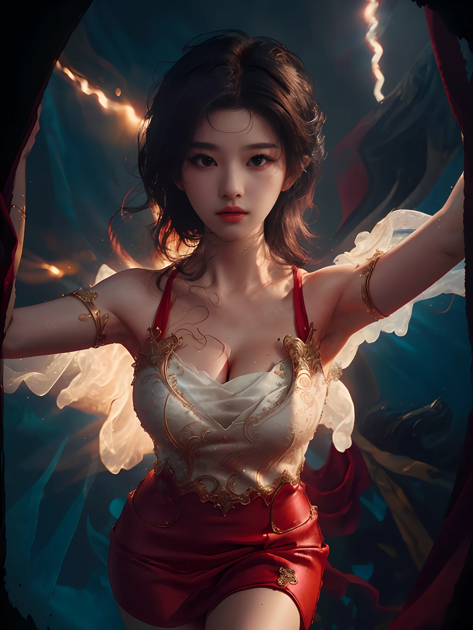 Ace, 4k, High Resolution, Masterpiece, Best Quality, Head: 1.3, (Korean K-pop Idol), Delicate Skin, Sharp Focus, (Cinema Lighting), Clavicle, Morning, Soft Light, Dynamic Angle, [:(detailed face:1.2):0.2], armpit wrinkles, thigh gap, red dress, slim, mid-chest, cleavage, full body,