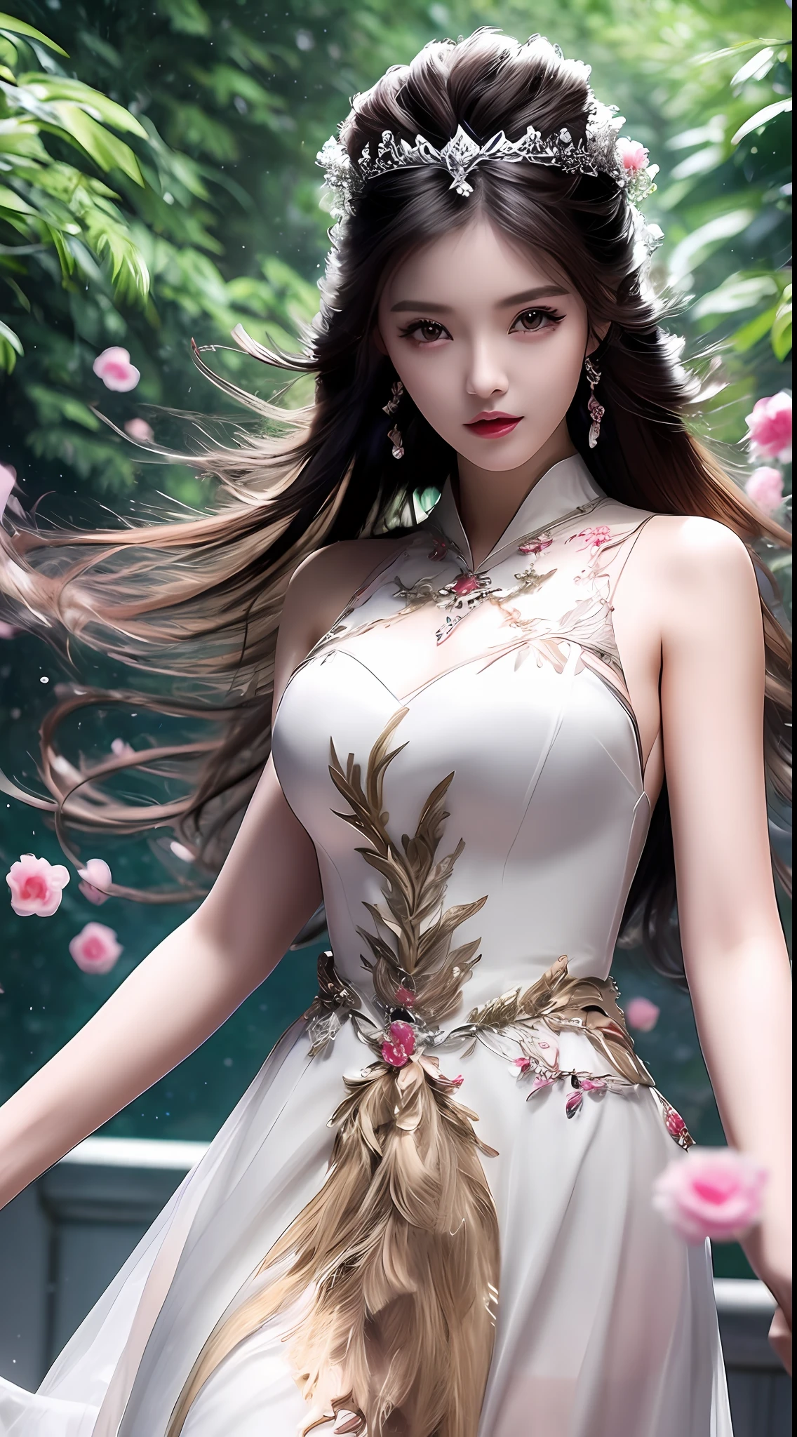8k ultra hd, mastermiece, a girl, good face, detailed, eyes, beautiful lips, very hong hair, spreading hair, medium breasts, wedding dress, 
black dress, in the park, flying birds, blowing winds, clear weather, whole body capture,