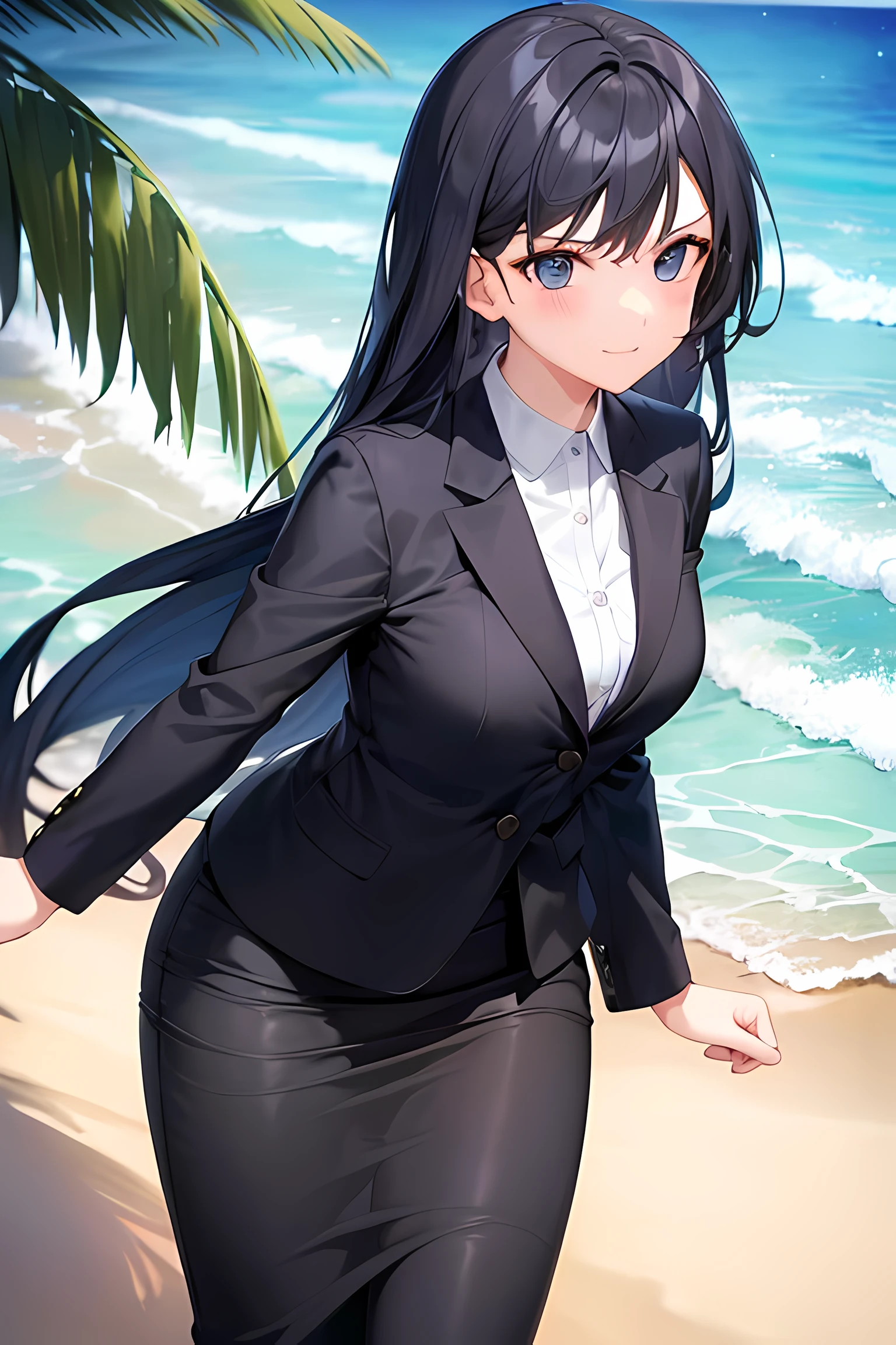 1girl, suit, beach background, office lady, black skirt, black blazer, pencil skirt, long hair, blue hair, light blue eyes, short smile, teenager,
